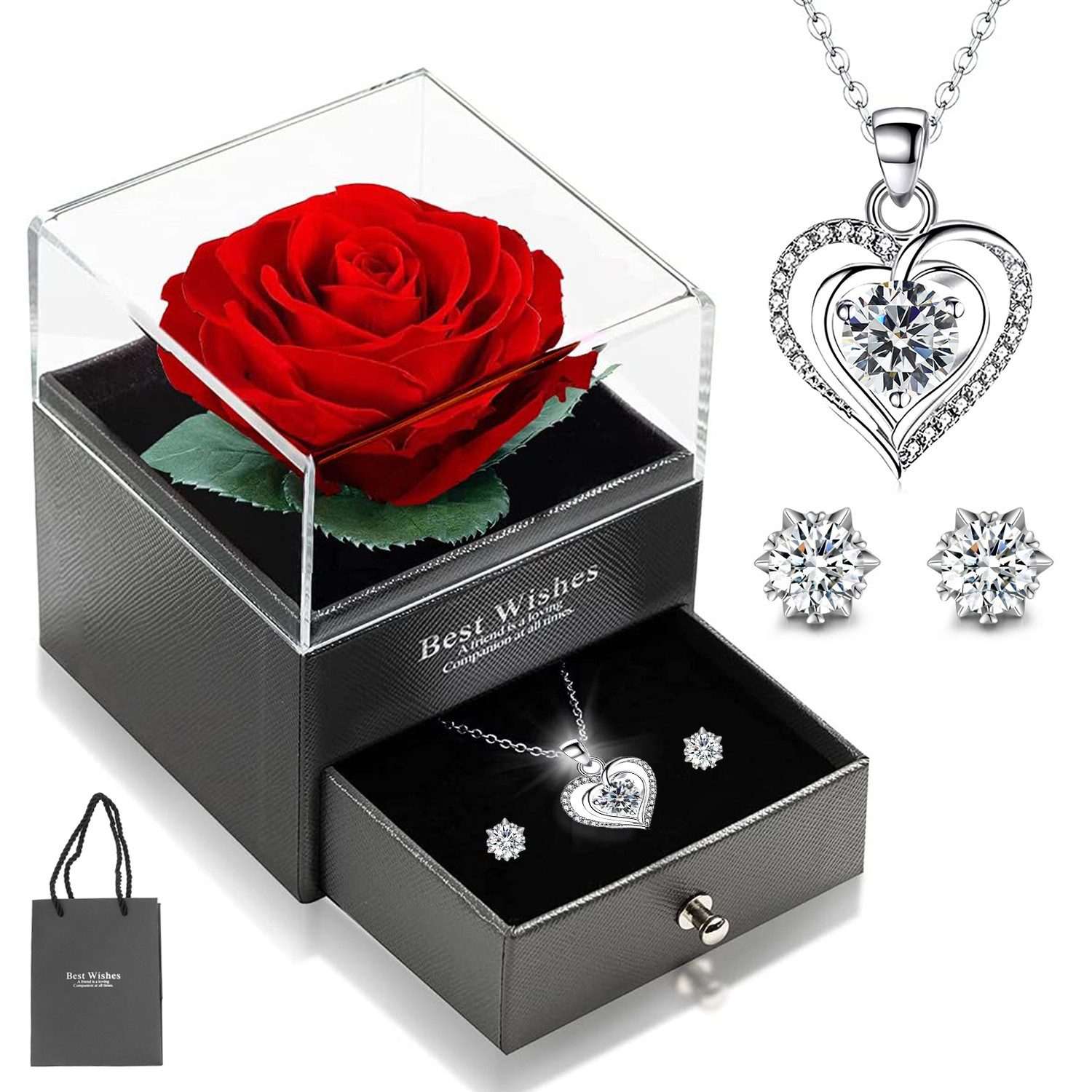 MOPUEA Schmuckset Schmuckset Ewige Rose mit Herz Halskette und Ohrringe (Hochwertiger Schmuck, 1-tlg., Perfektes Geschenk Für Besondere Anlässe), Elegante Geschenkbox mit ewigen Rosen