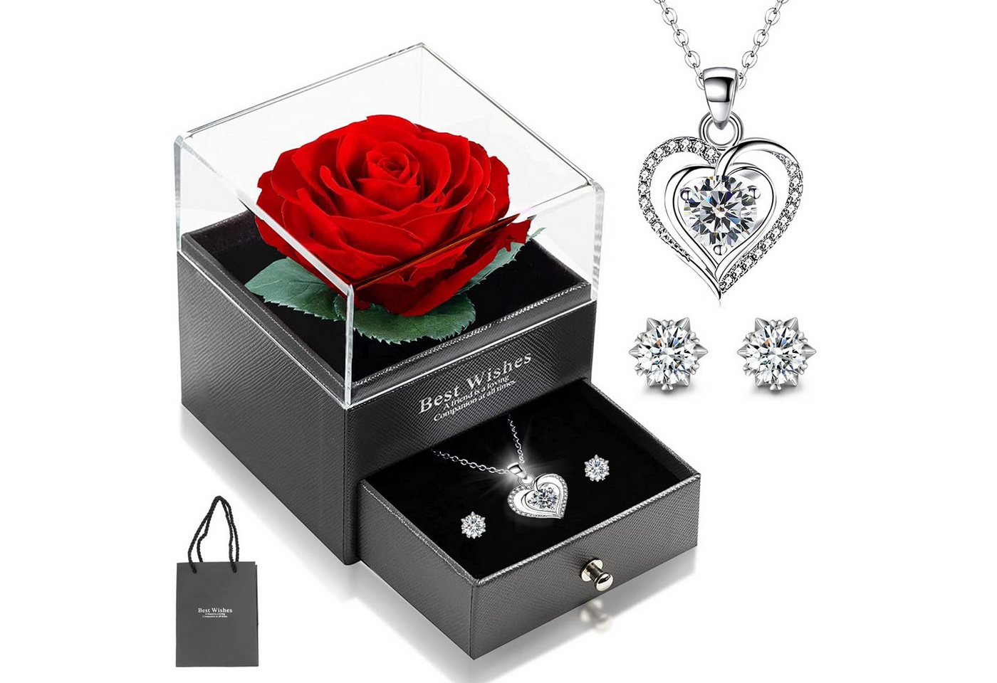 MOPUEA Schmuckset Schmuckset Ewige Rose mit Herz Halskette und Ohrringe (Hochwertiger Schmuck, 1-tlg., Perfektes Geschenk Für Besondere Anlässe), Elegante Geschenkbox mit ewigen Rosen