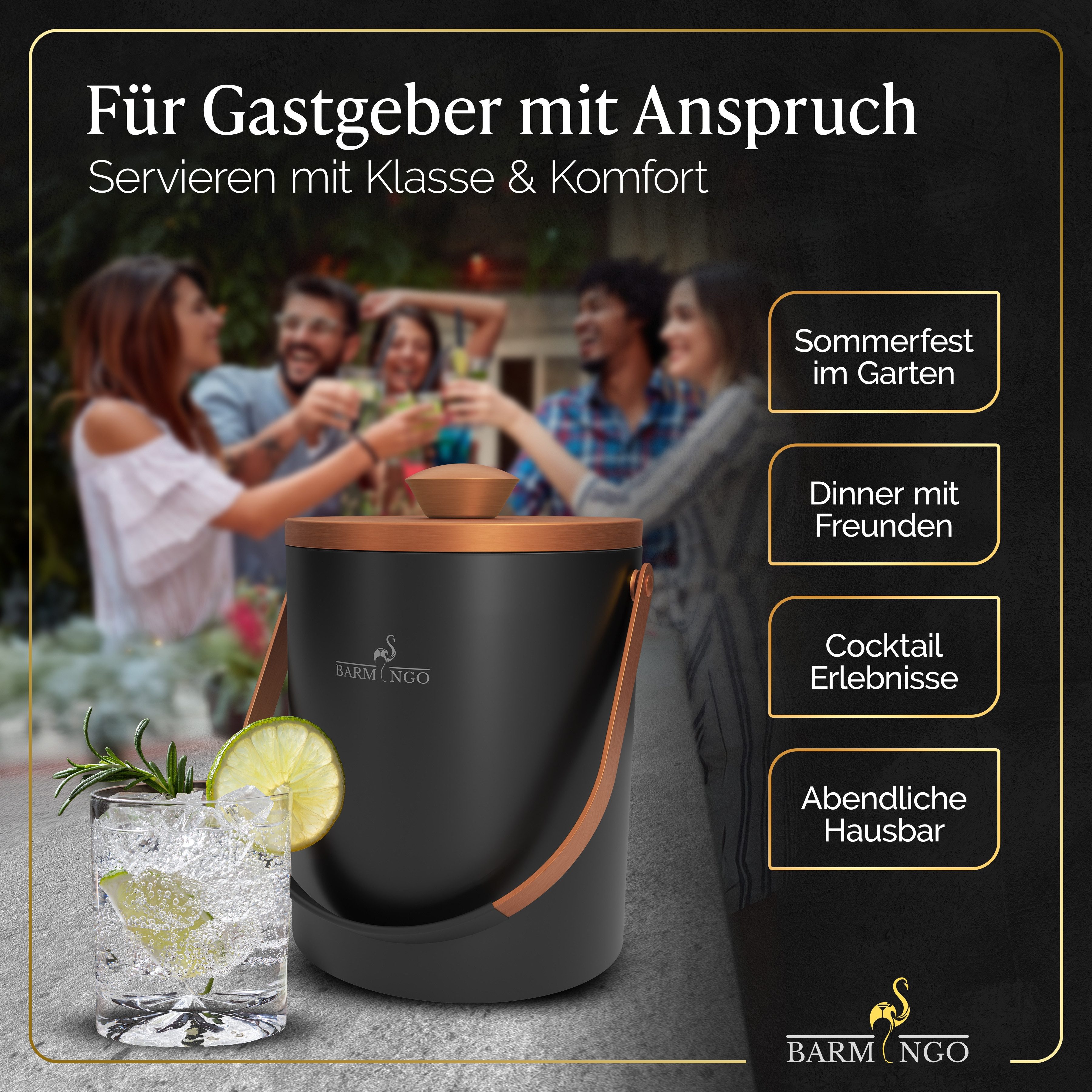 BARMINGO Eiswürfelbehälter mit Deckel (2 Liter), Edelstahl Eiskübel, (Eisbehälter Set, 3-tlg., mit Sieb, XXL Silikon Eiswürfelform & Zange), Eiseimer doppelwandig, isoliert, BPA-frei, Silikondeckel
