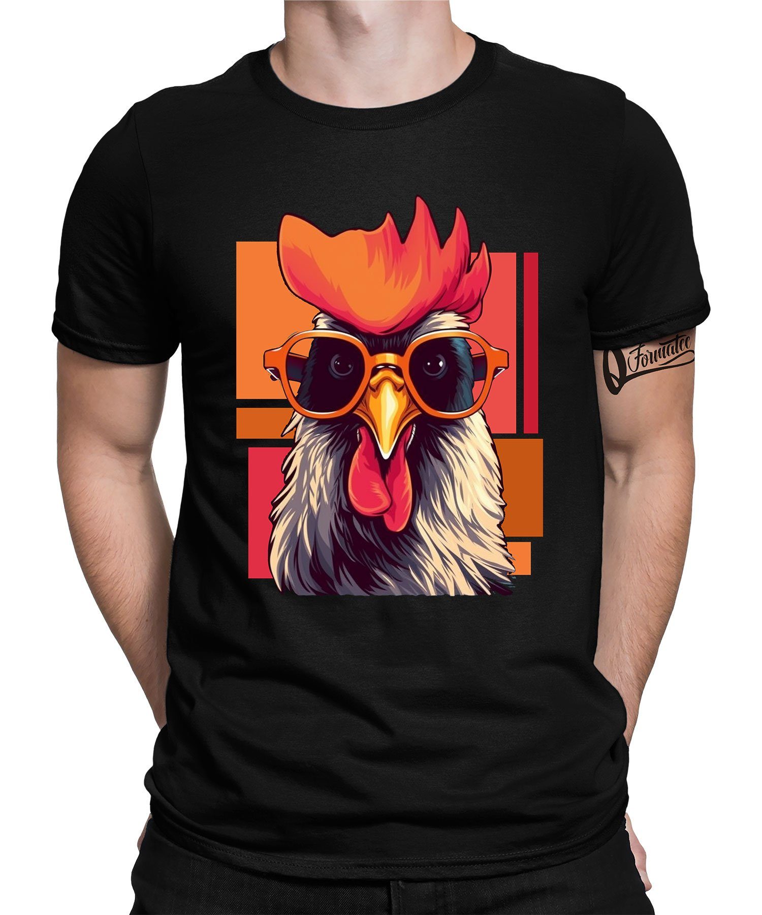 Formatee Herren Hahn Bauern Chicken Cooles T-Shirt Huhn Vintage Kurzarmshirt (1-tlg) Quattro Schwarz Hühner