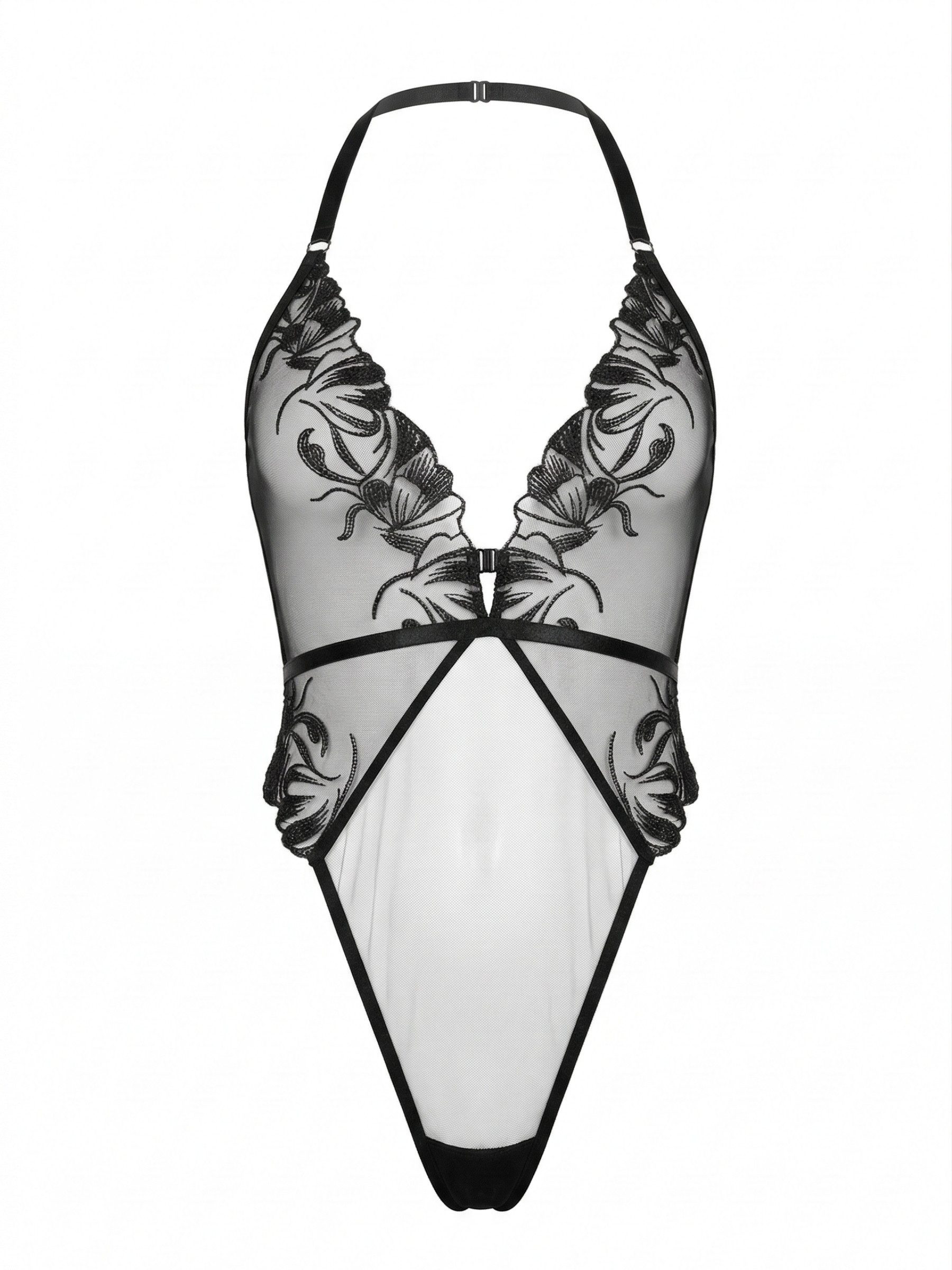 Elegant Love Stringbody Lingerie-Body, Teddy aus Mesh mit Stickerei – Sexy Reizwasche Dessous-Body: tiefer V-Ausschnitt, Stringback & High-Leg Schnitt