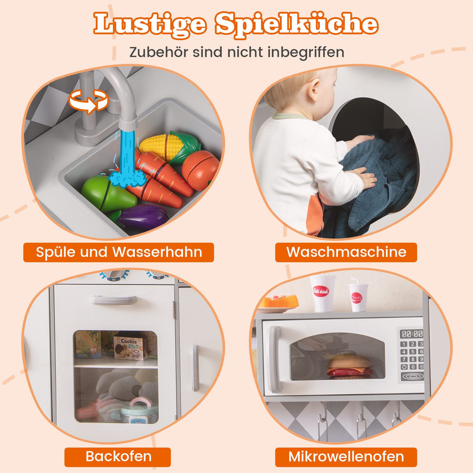 COSTWAY Spielküche Holz, Kinderküche, 91 x 30 x 102 cm