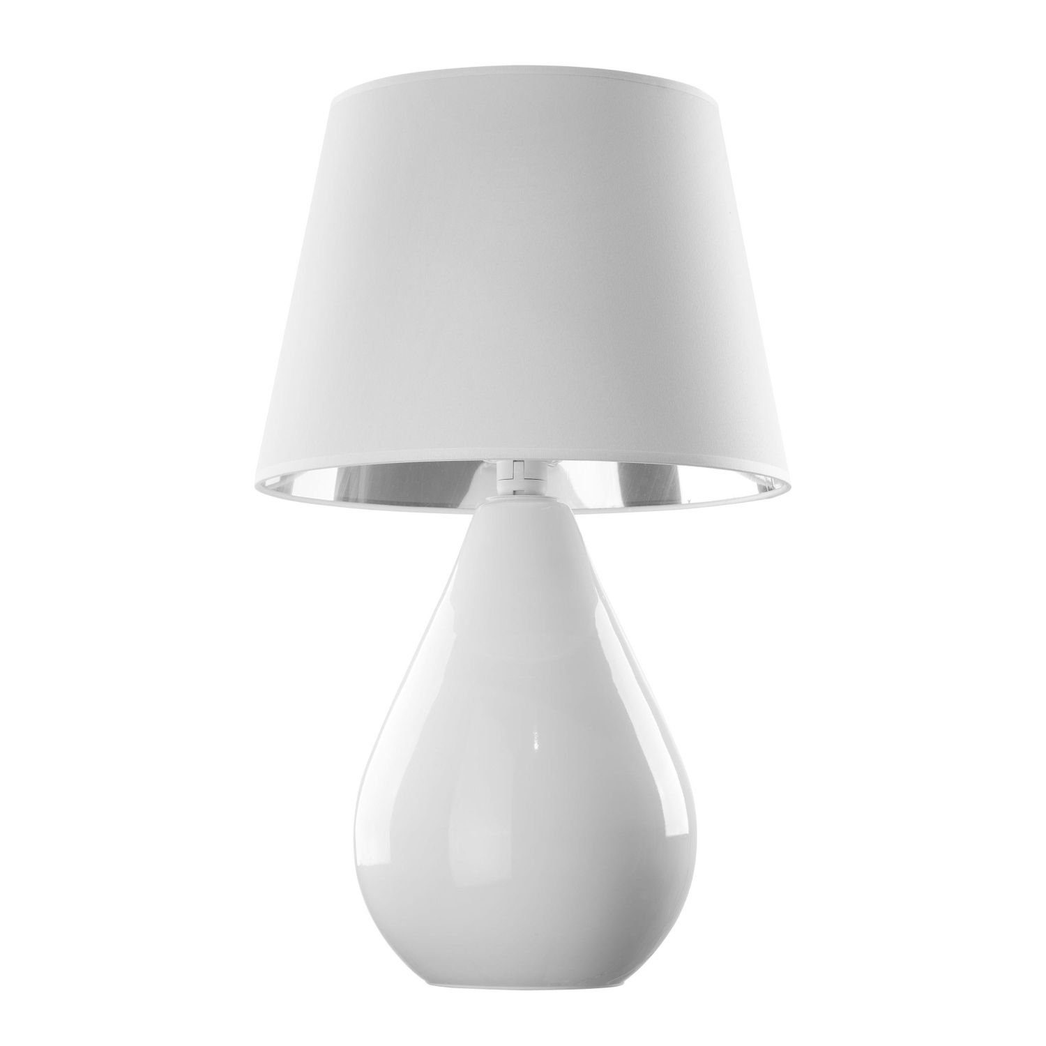 66 cm hoch Nachttisch Leuchtmittel, ohne Licht-Erlebnisse Schlafzimmer Silber Glas E27 RIKA, Stoff Weiß Tischleuchte