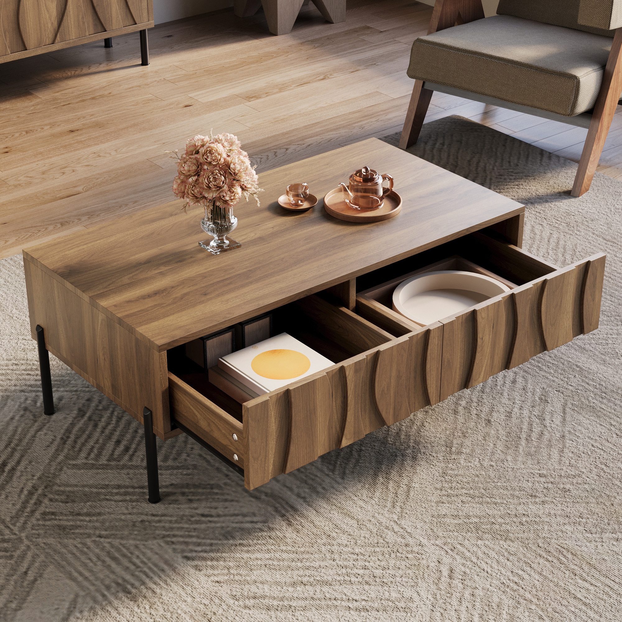 HAUSS SPOLE Couchtisch mit Schubladen,TV-Regal Lowboard mit Eisenbeine viel Stauraum (Packung, 1-St., mit 4 schlanken Eisenbeinen), Einzigartige Holzmaserung, Schubladen mit wellenförmiger Linie