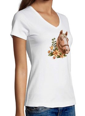 MyDesign24 T-Shirt Damen Pferde Print Shirt - Hellbraunes Pferd im Blumenkranz V-Ausschnitt Baumwollshirt mit Aufdruck Slim Fit, i179