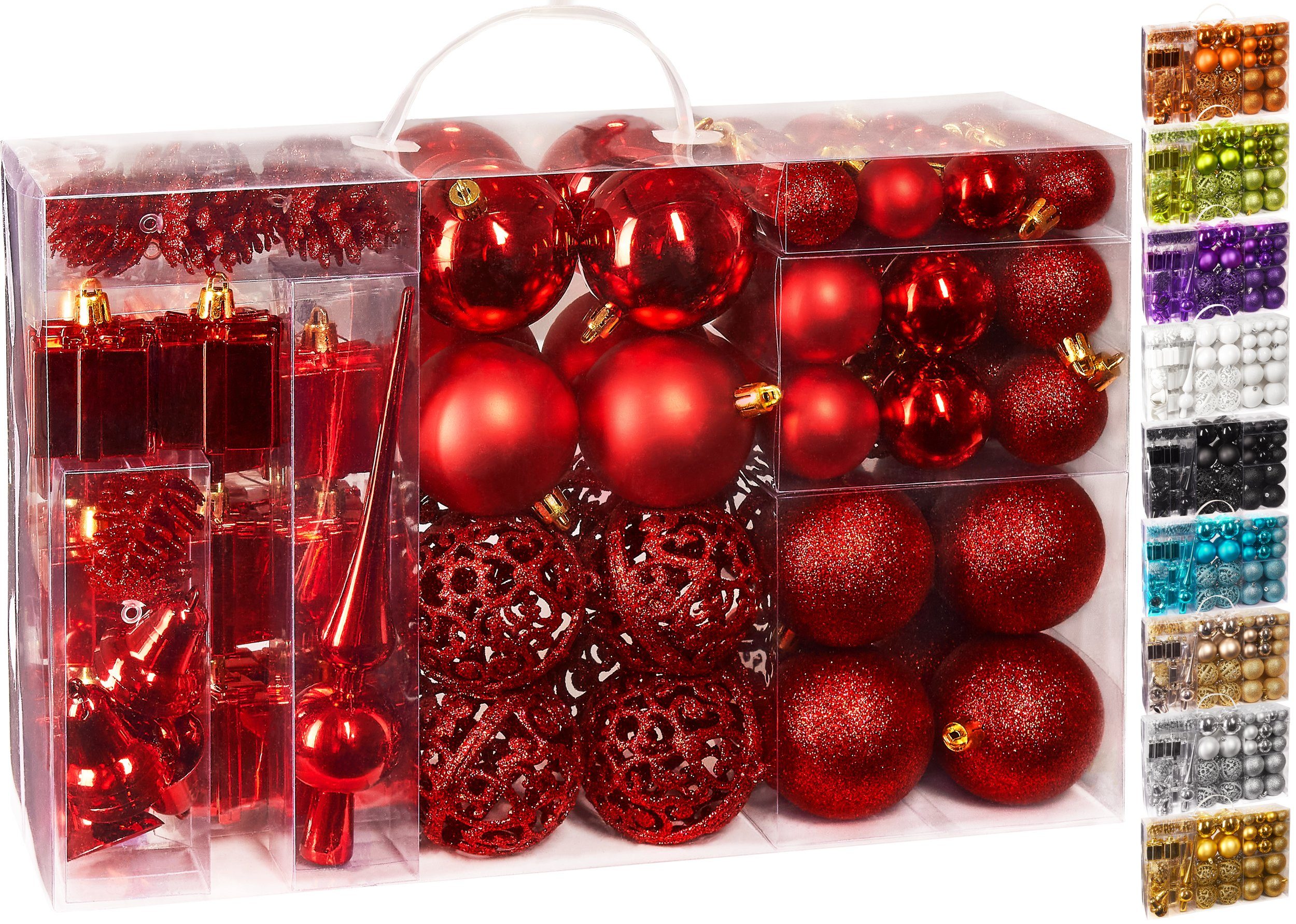 und 101-teiliges Baumspitze, aus mit Rot Weihnachtsbaumkugel Kunststoff, robust Weihnachtsdekoration Weihnachtskugel-Set Christbaumschmuck BRUBAKER edel