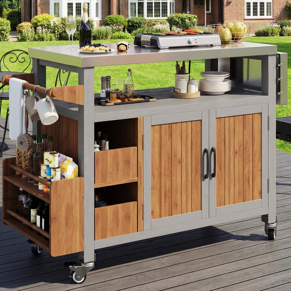 BBWL Outdoor-Küchenmodul mit Arbeitsplatte Servierwagen mit Rollen Seitenablage Haken BBQ Grillwagen Beistelltisch aus Massivholz