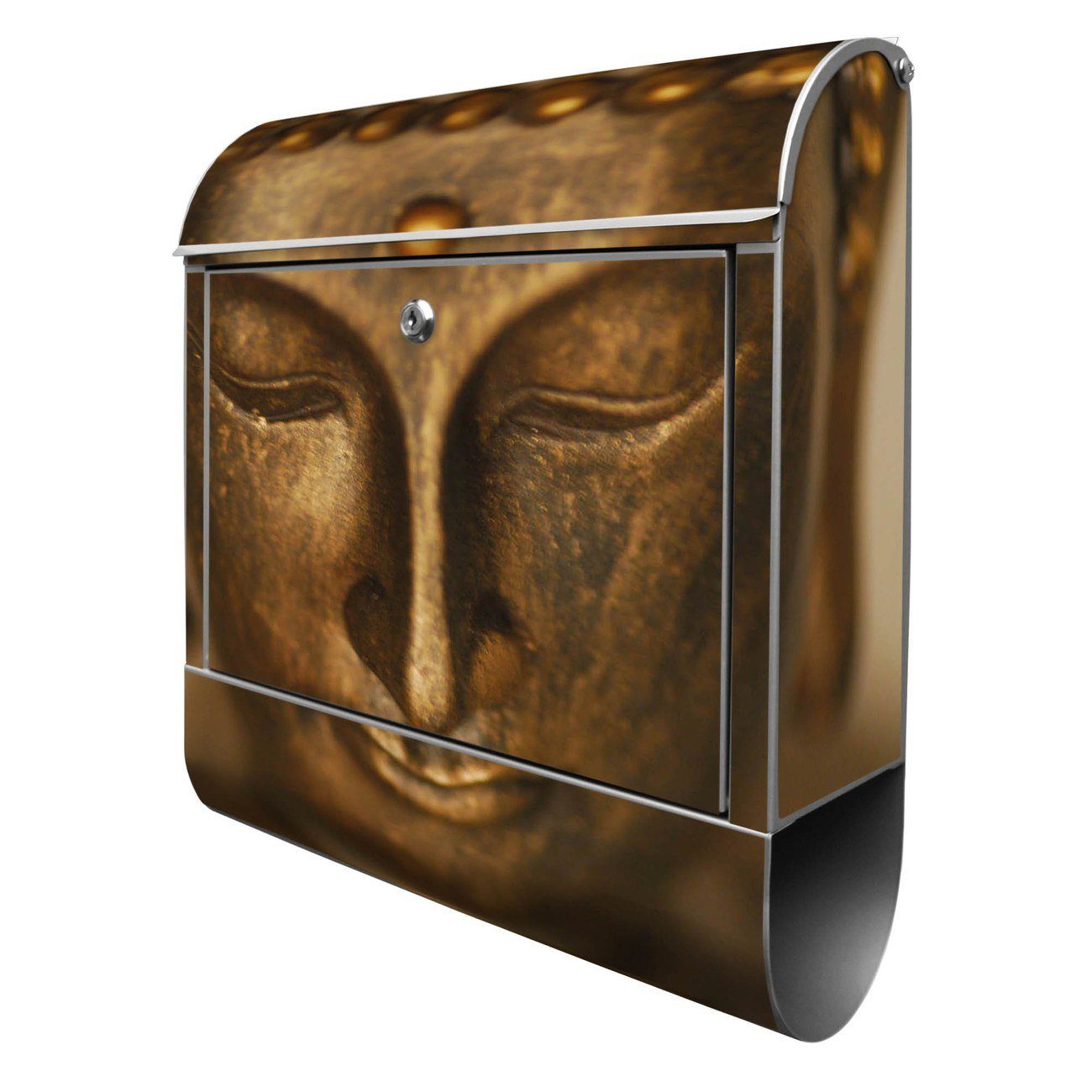 banjado Wandbriefkasten Stahl Buddha Gold (Wandbriefkasten witterungsbeständig, pulverbeschichtet, mit Zeitungsfach), 39 x 47 x 14cm silberfarben