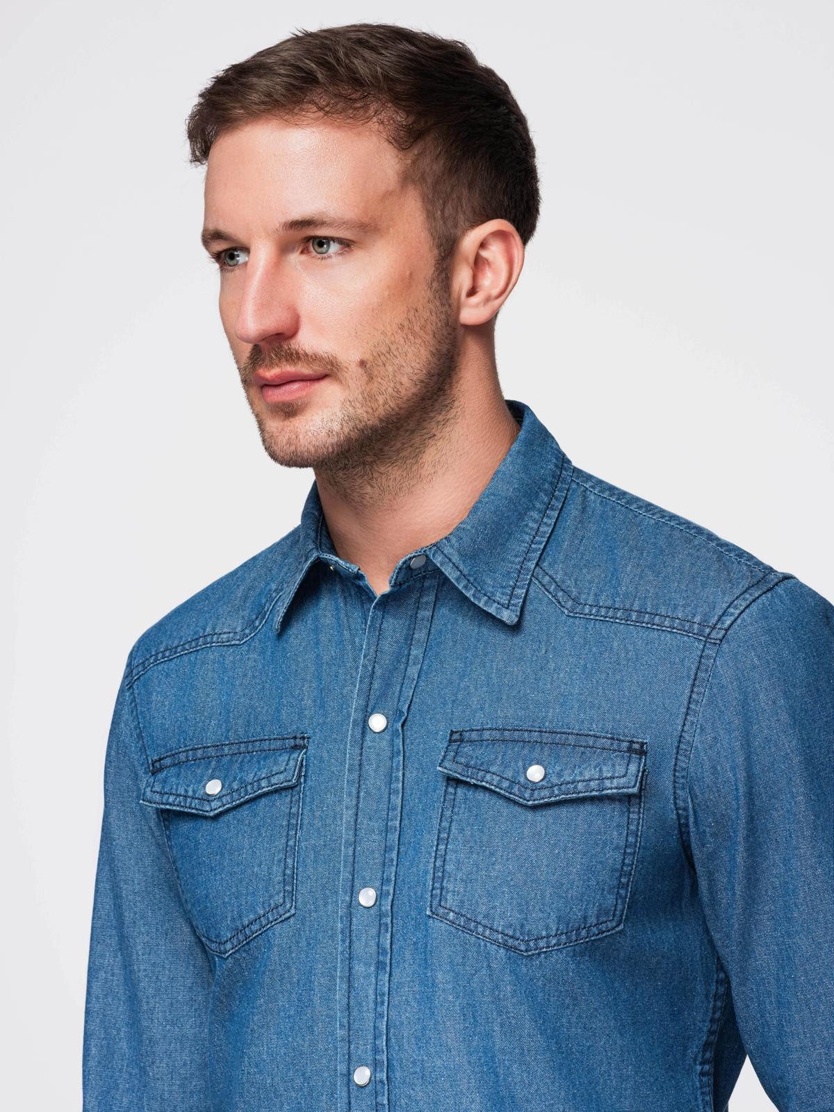 OMBRE Langarmhemd Jeanshemd mit Druckknöpfen und Brusttaschen