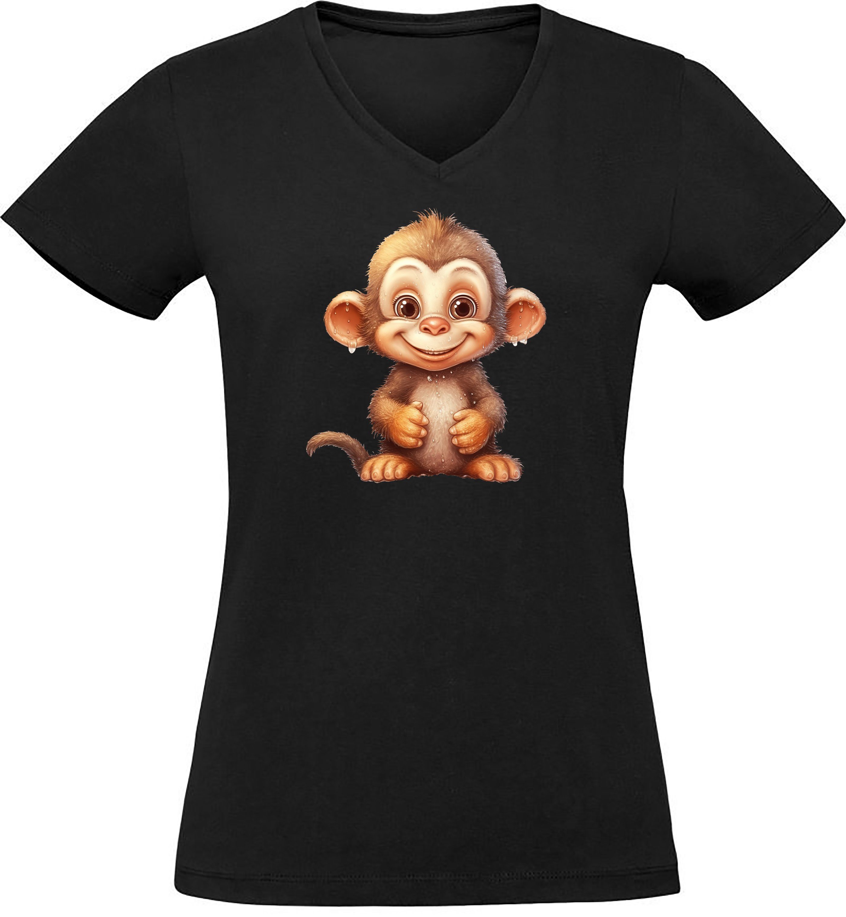 schwarz Aufdruck Damen T-Shirt Schimpanse V-Ausschnitt Shirt Fit Wildtier Baumwollshirt mit Baby Slim Affe Print MyDesign24 -
