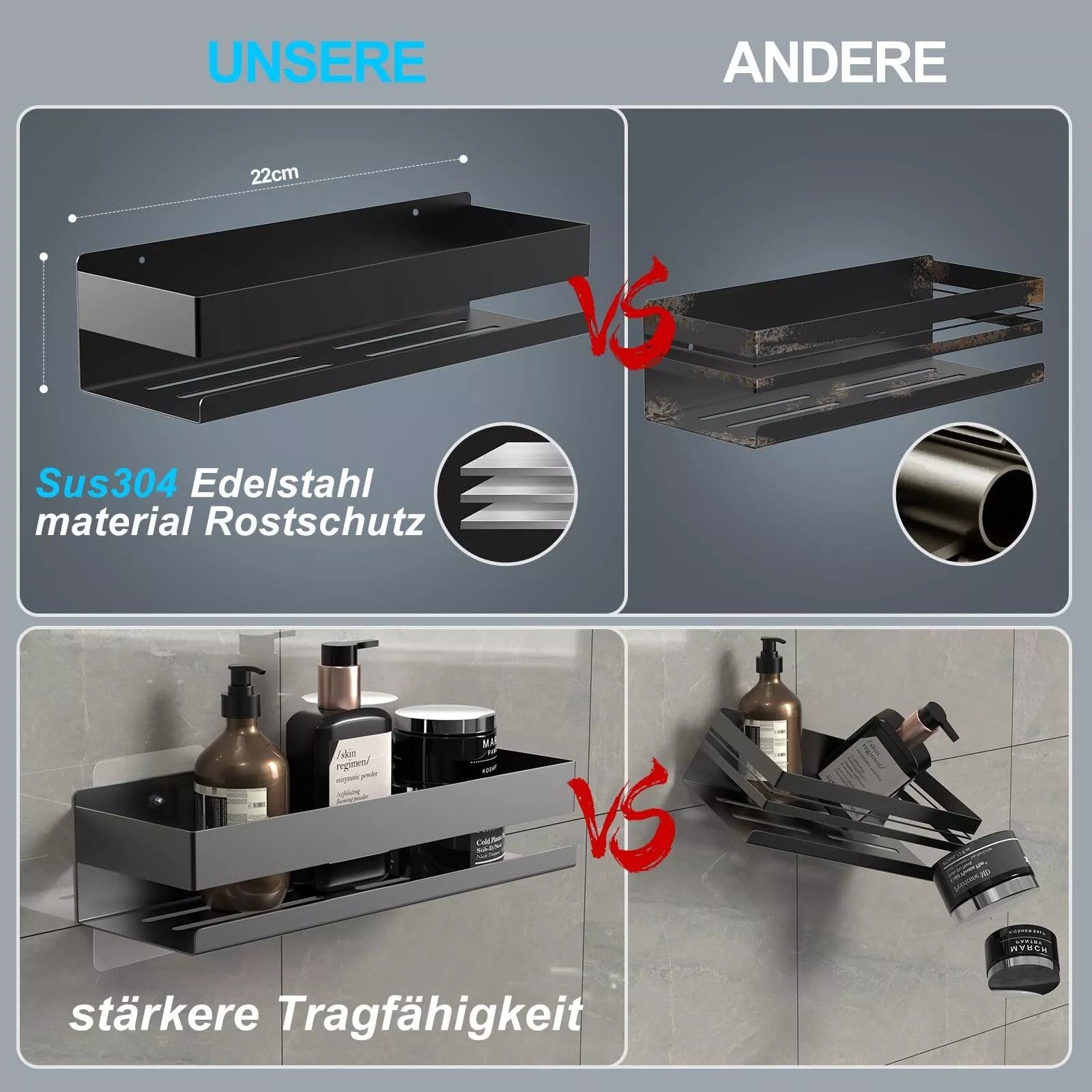 LA CUTE Duschregal Duschablage Edelstahl Schwarz, ohne Bohren, Badregal Set günstig online kaufen