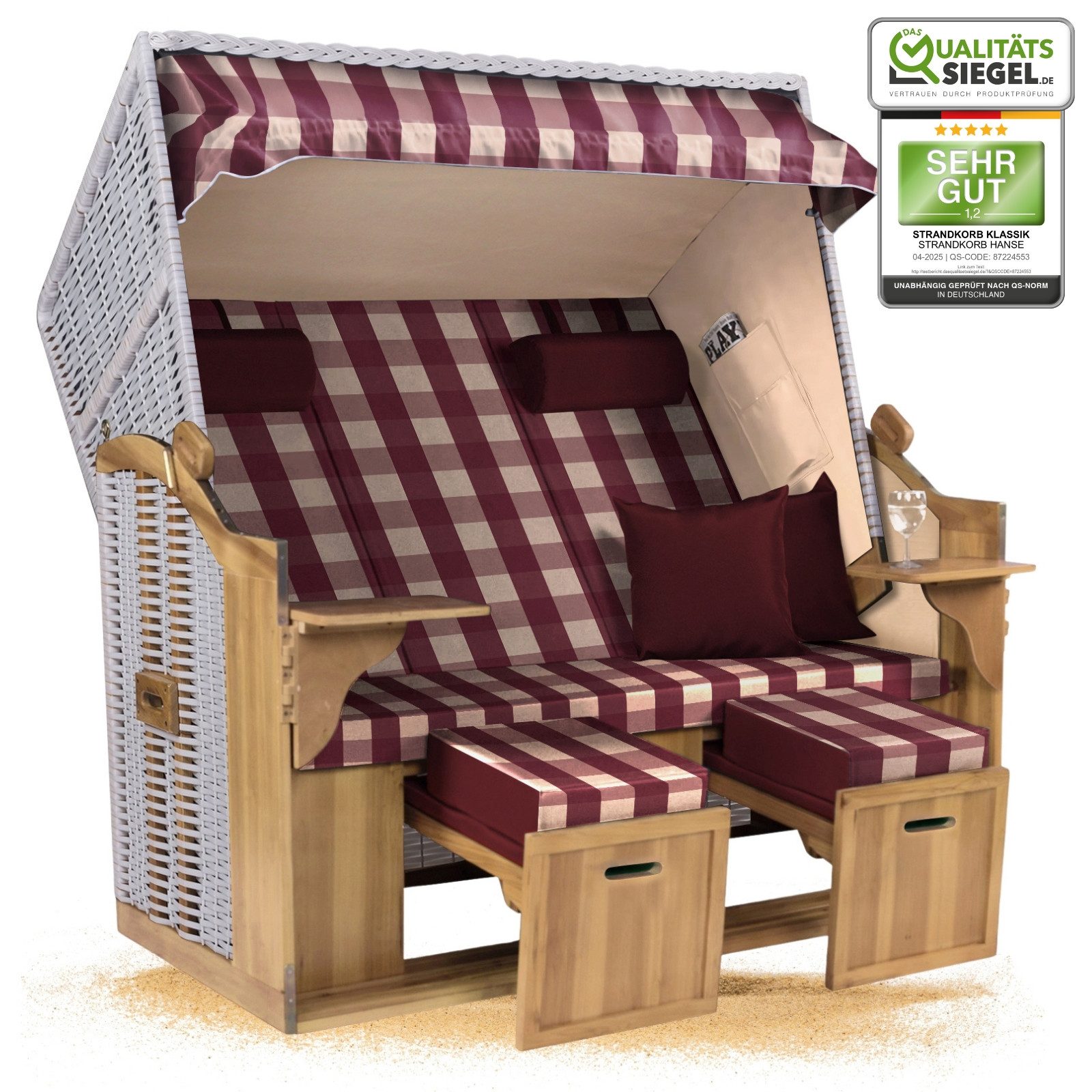 Strandkorb Hanse Strandkorb Strandkorb Ostsee XXL 2,5-Sitzer Volllieger Weiß Rot, BxTxH: 150x80x160 cm, Ostsee XXL Volllieger, Ostsee 2,5-Sitzer Modell 2025, Stabiles Wacholder mit handgefertigtem Polyrattangeflecht