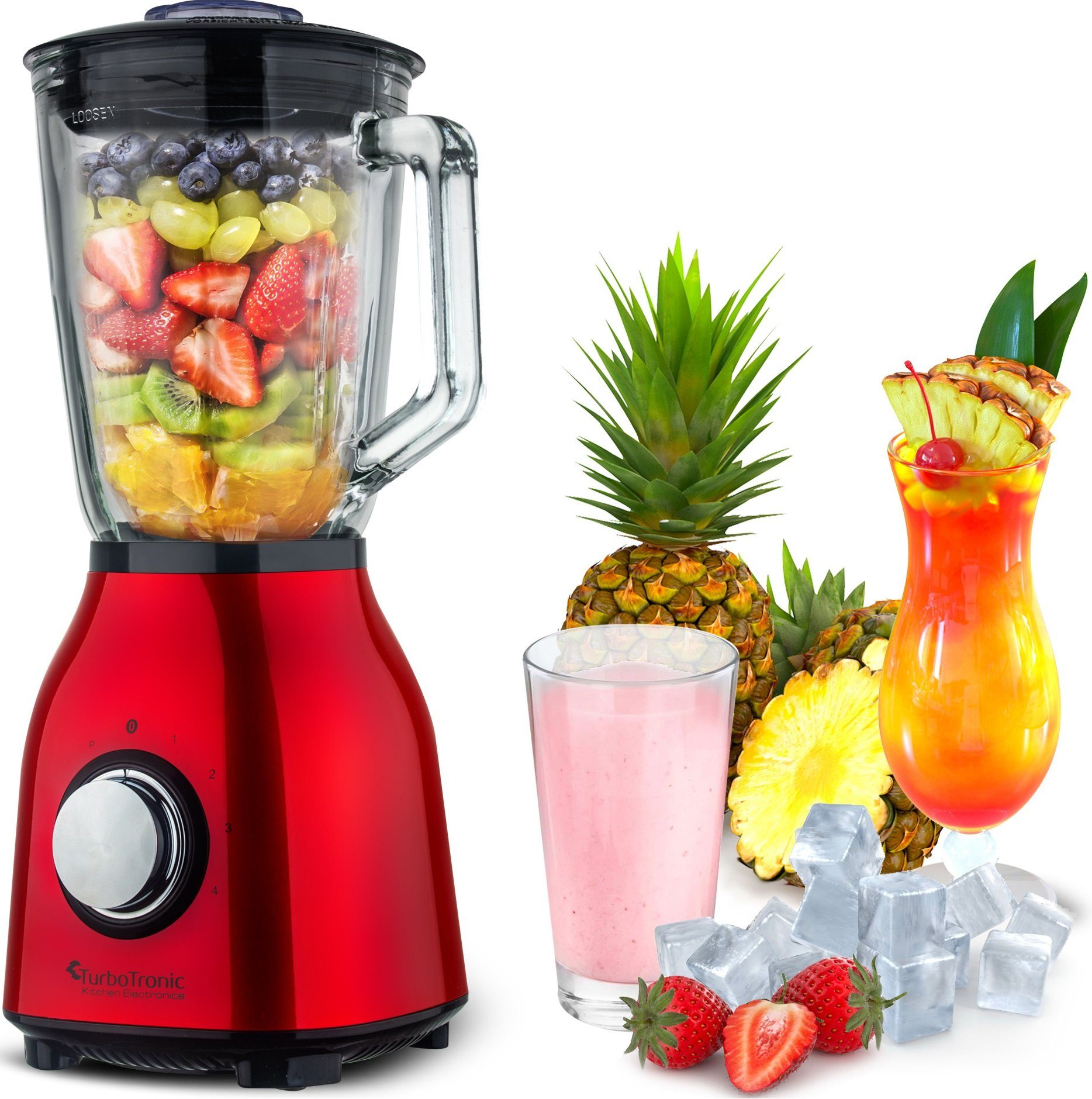 TurboTronic by Smoothie Maker Ice Blender Watt 1400 Glasbehälter, Funktion Z-Line W, mit Mixer BG6 Milchshaker Crush Standmixer - 1,5L Rot Glas 1400