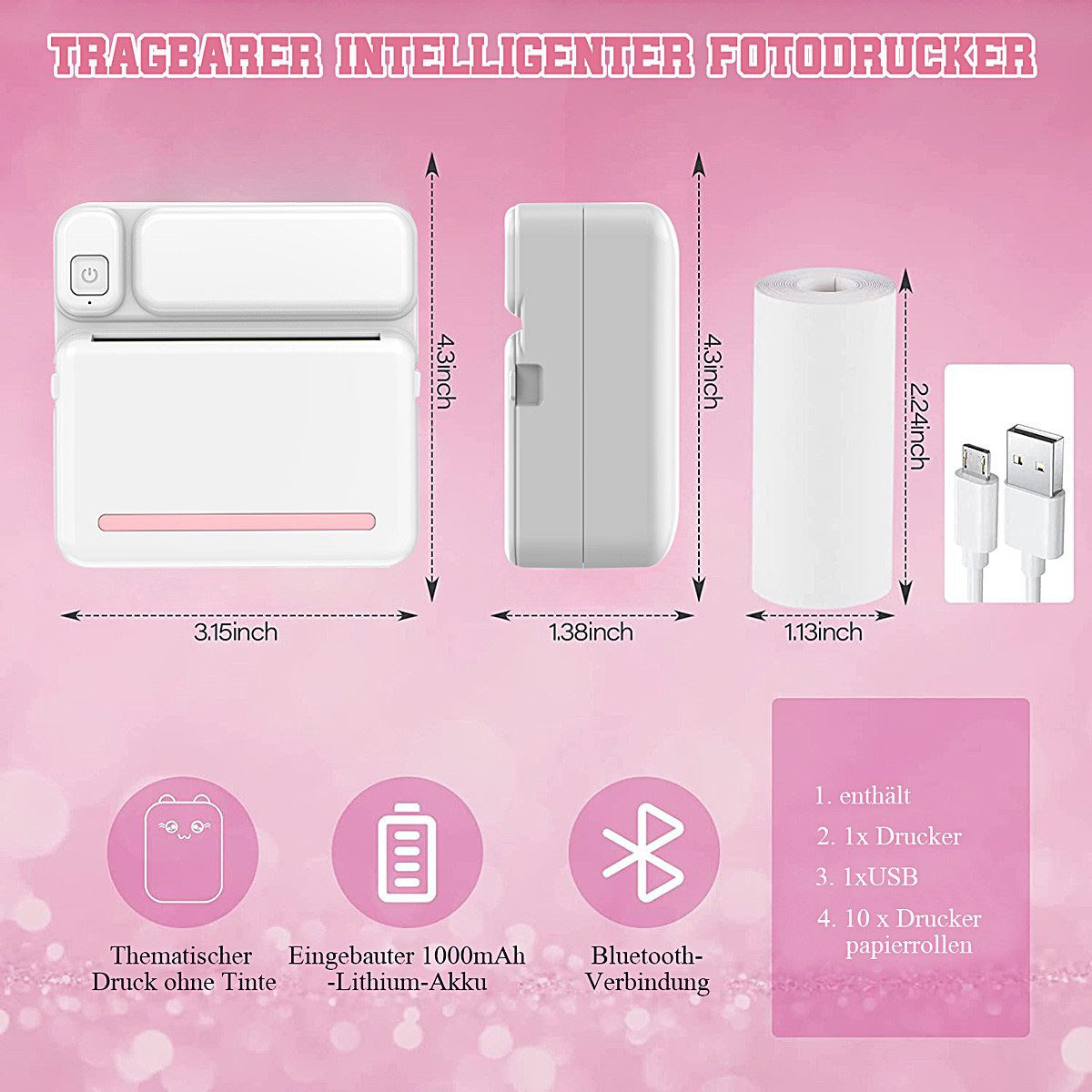 MOPUEA Thermodrucker Kompatibel für iOS Android Etikettendrucker Bluetooth Etikettendrucker, (WLAN (Wi-Fi), Bluetooth-Fotodrucker, 5 Druckpapier 5 selbstklebende Thermopapier 3 Farbdruckpapier 6 Pinsel)