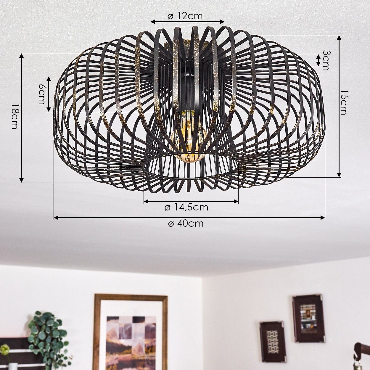 hofstein Deckenleuchte »Pieris« runde Deckenlampe aus Metall in Schwarz/Gold, ohne Leuchtmittel, E27, Retro-Leuchte mit Lichteffekt durch Gitter-Optik – Bild 4 von 5