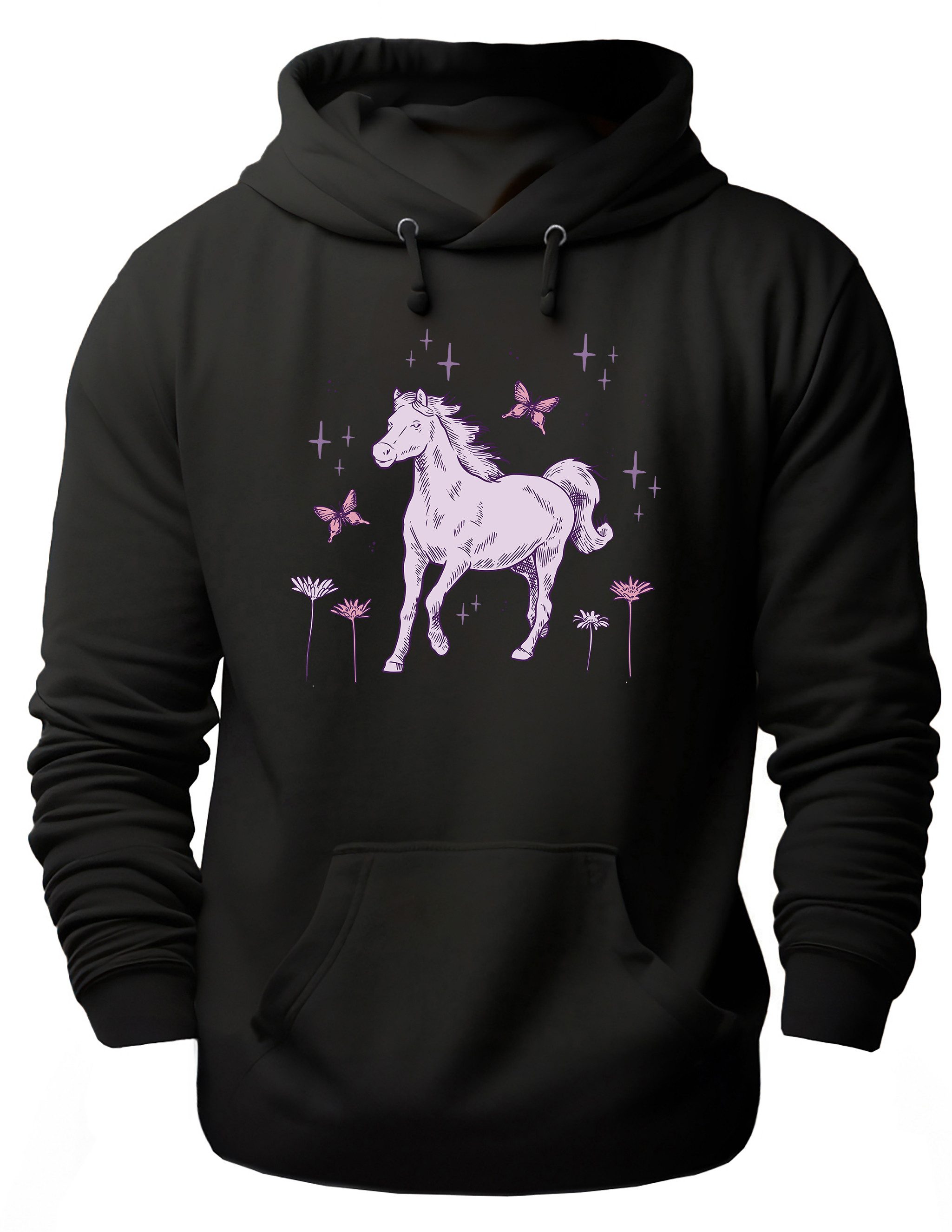 MyDesign24 Hoodie Pferde Kapuzen Pulli - Pferd mit Schmetterlingen Herren und Damen Kapuzensweater i144