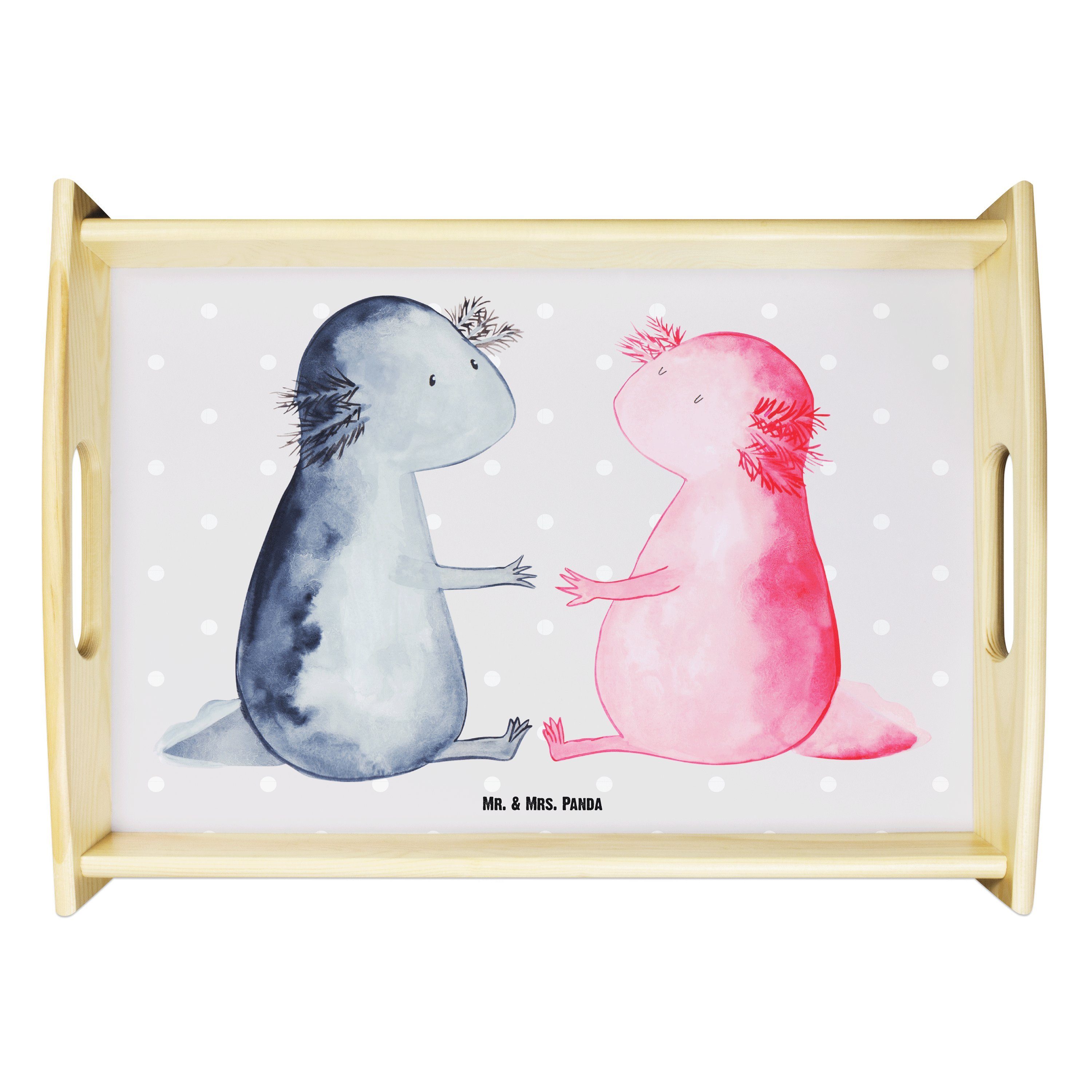 Mr. & Mrs. Panda Tablett Axolotl Liebe - Grau Pastell - Geschenk, Paar, Holztablett, verliebt, Echtholz lasiert, (1-tlg)