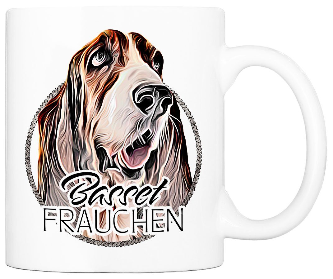 Cadouri Tasse BASSET FRAUCHEN - Kaffeetasse für Hundefreunde, Keramik, mit Hunderasse, beidseitig bedruckt, handgefertigt, Geschenk, 330 ml