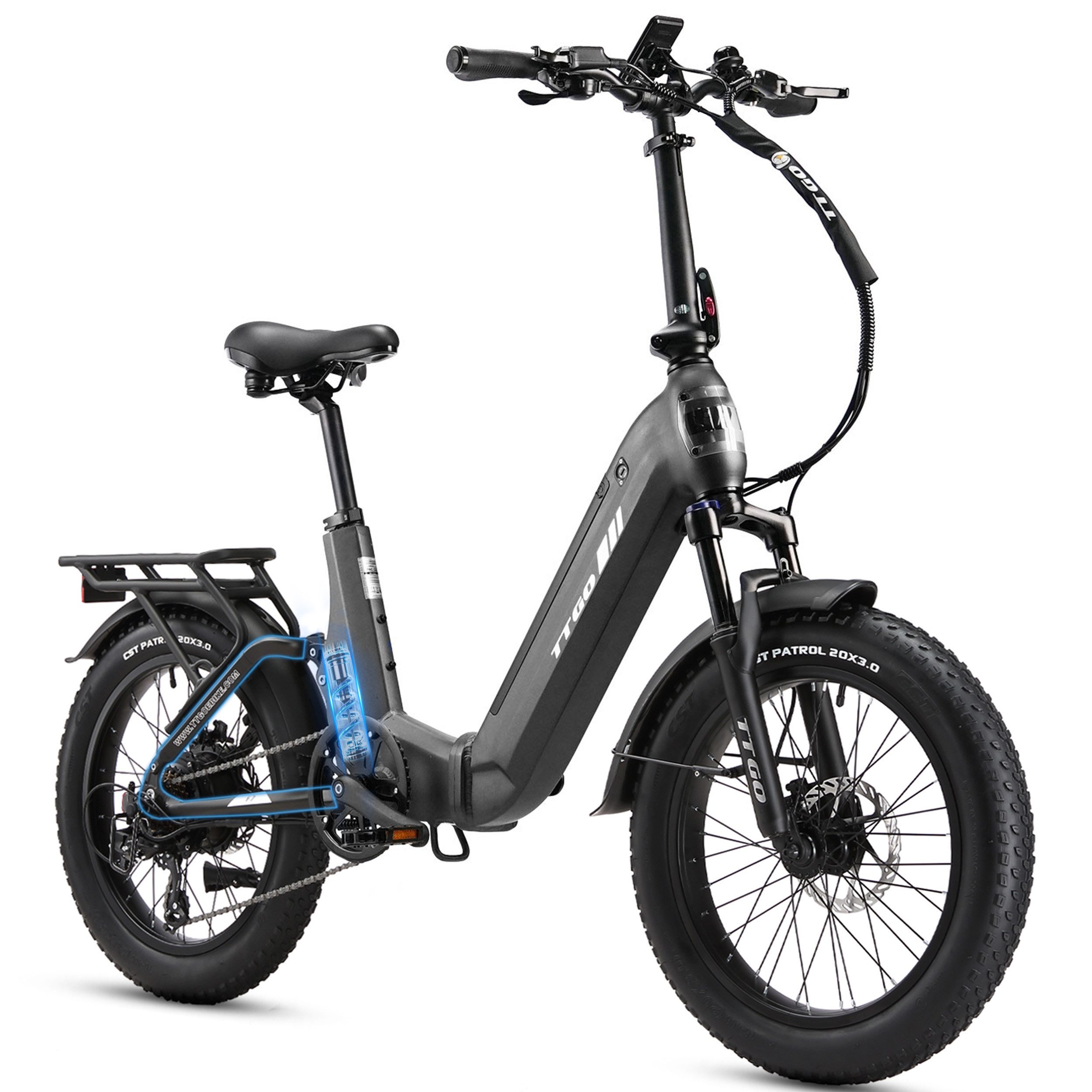 TTGO E-Bike Klapprad 20 Zoll, Fully, Vollfederung, 70Nm Hinterradmotor, 120km, max.150kg, 7 Gang SHIMANO, Kettenschaltung, Heckmotor, 720 Wh, (Softtail, hydr. Scheibenbremse, mit Bremslicht), F7, Drehmomentsensor, Lockout-Federgabel, Elektrofahrrad, Damen Herren