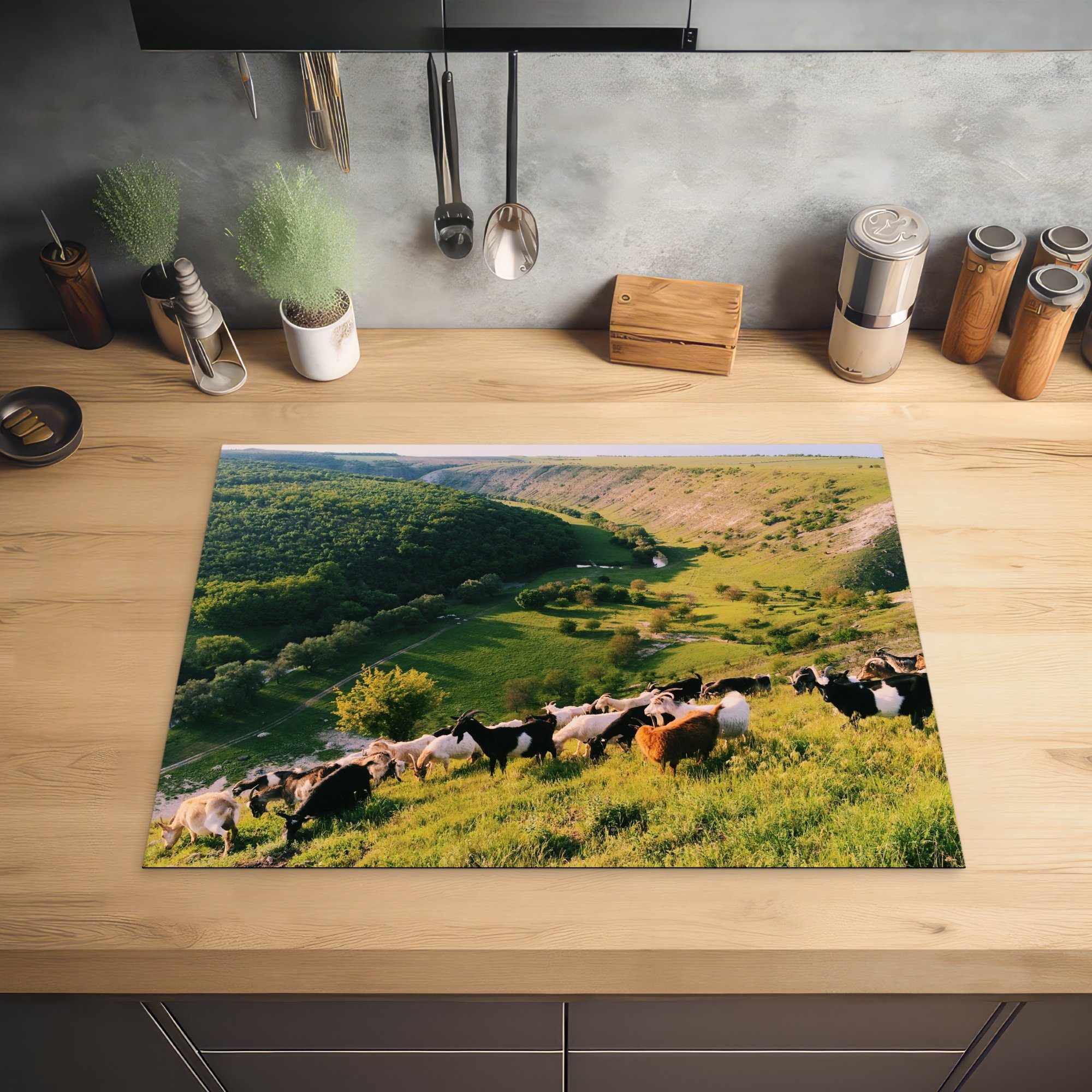 Dorf Butuceni Bergen in dem den Herdblende-/Abdeckplatte Ziegenherde in nutzbar, 70x52 von Mobile Orheiul Vechi, (1 MuchoWow cm, tlg), Arbeitsfläche Ceranfeldabdeckung Vinyl,