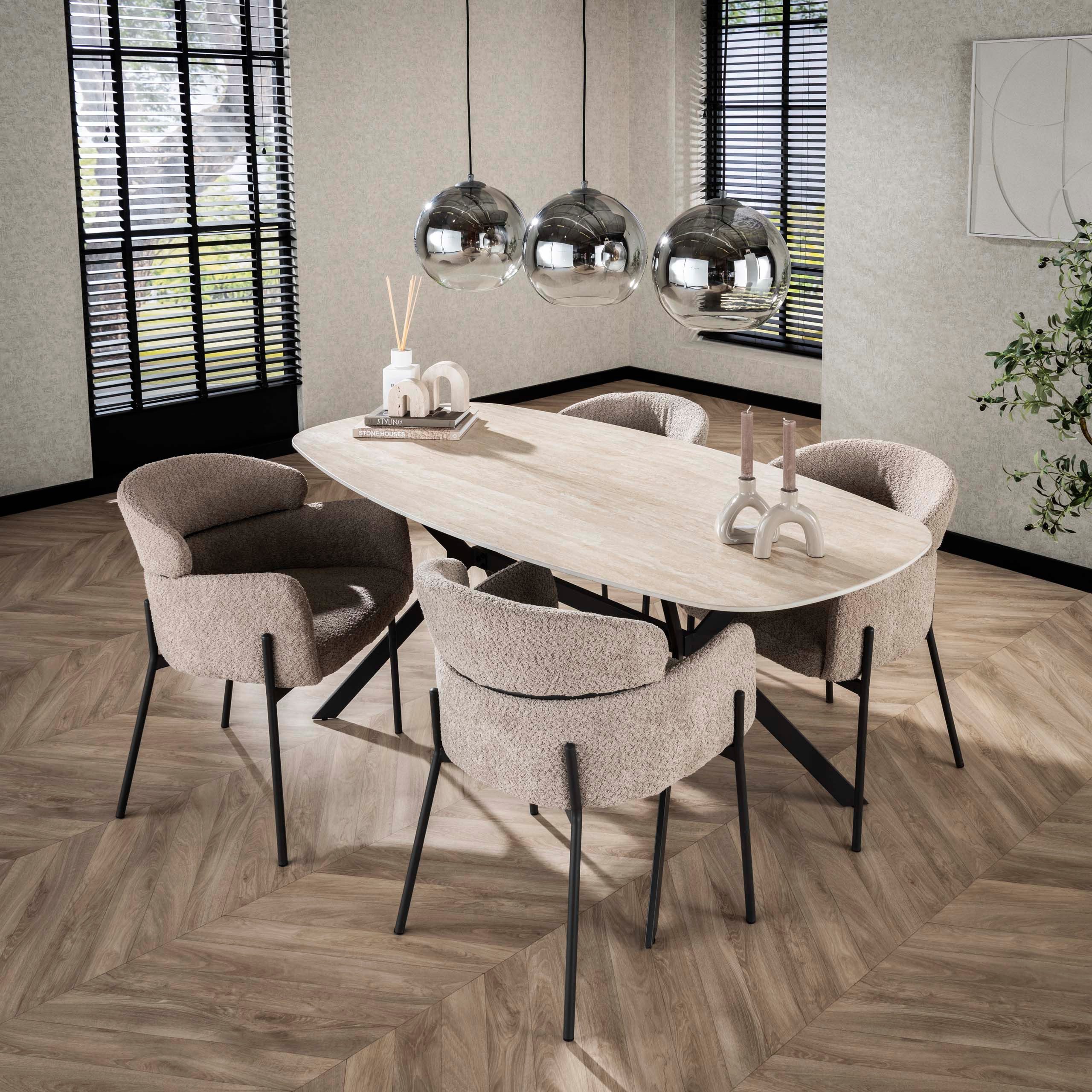 alesvelt Esstisch ROMANO LINEARE Dänisch-Ovaler Keramiktisch mit filigranem Stahlrahmen (1-Tisch), 180x90x76 cm Keramik, Travertin-Design