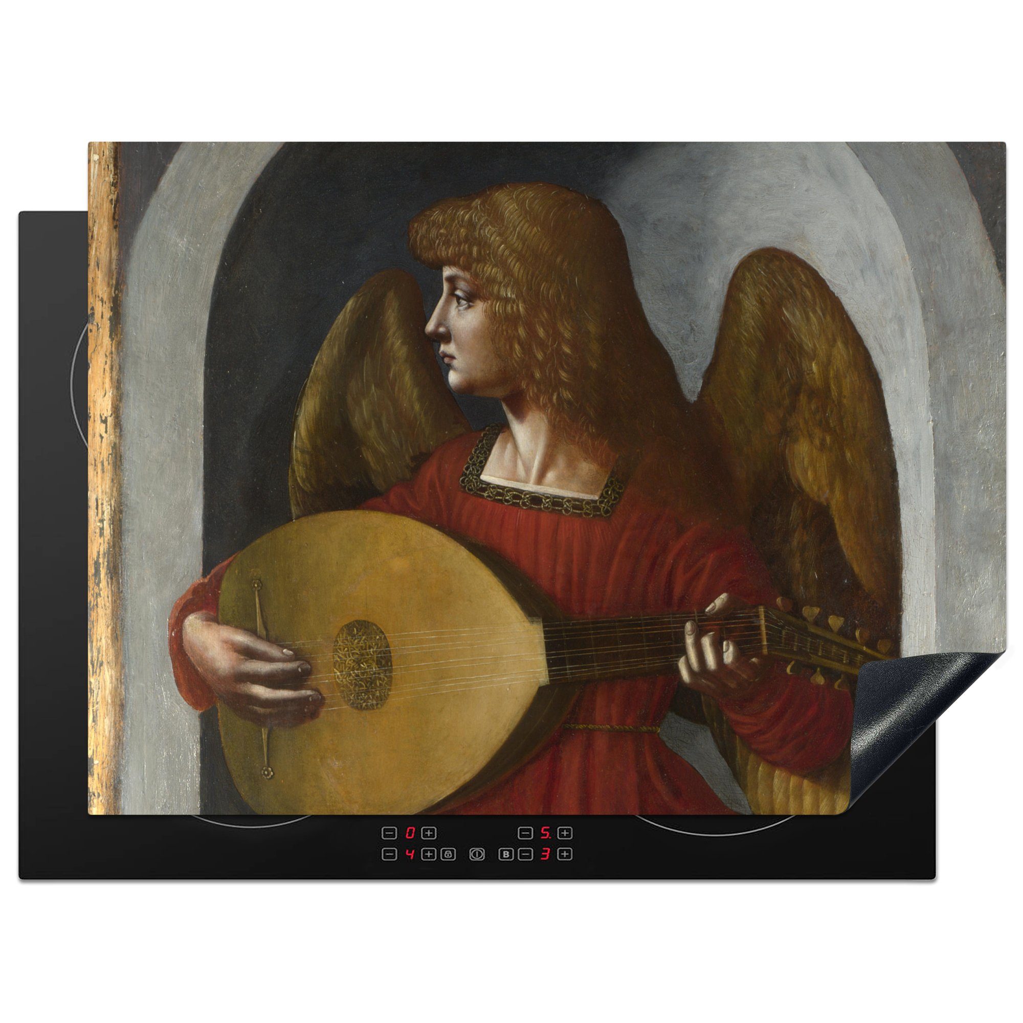 MuchoWow Herdblende-/Abdeckplatte Ein Engel in Rot mit einer Laute - Leonardo da Vinci, Vinyl, (1 tlg), 70x52 cm, Mobile Arbeitsfläche nutzbar, Ceranfeldabdeckung | Herdabdeckplatten