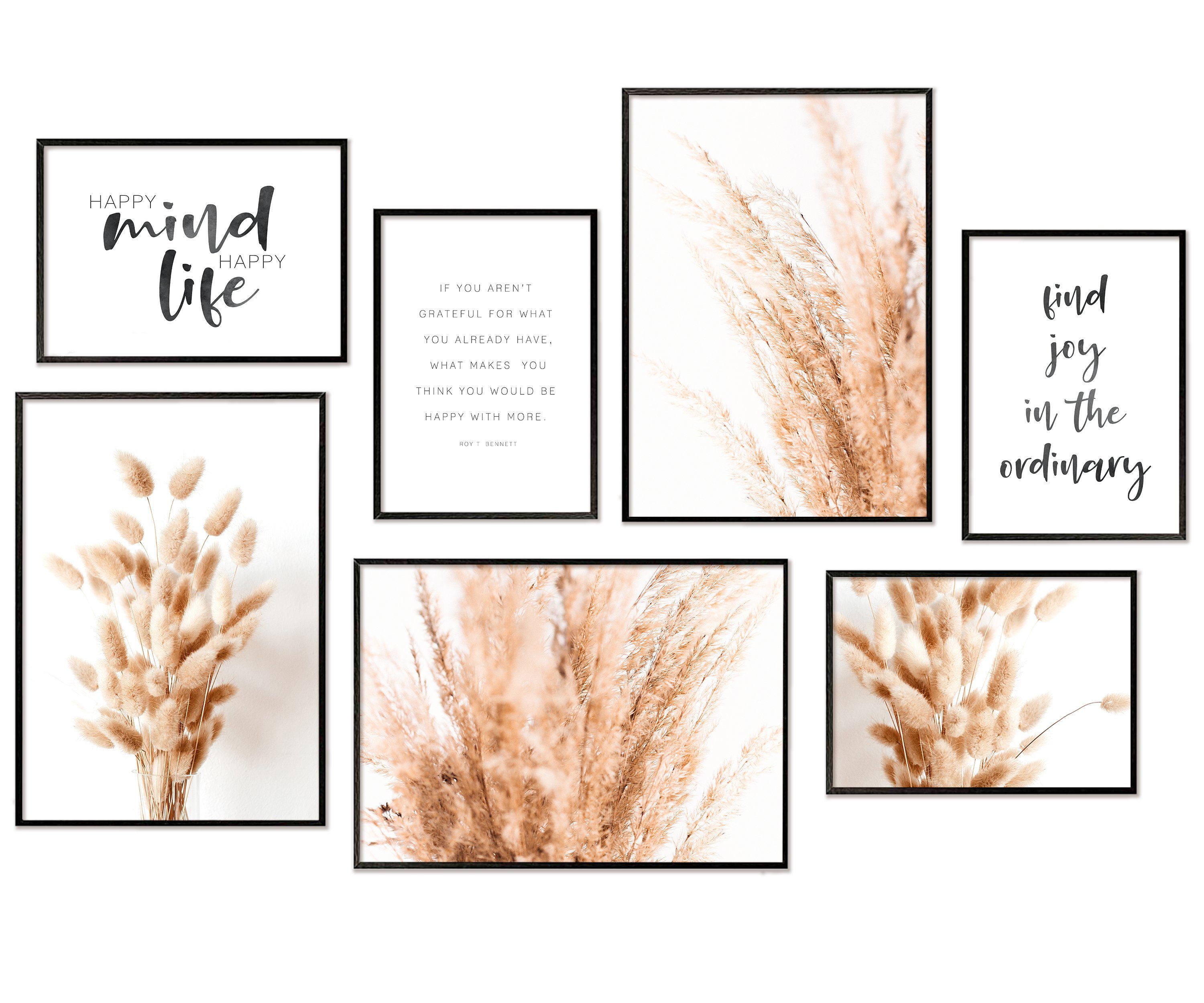 Hyggelig Home Poster Pampasgras, Premium Poster Set OHNE & MIT Rahmen - Wandbilder be happy, Pflanze (Set, 7 St), Collage Qualitätsdruck auf dickem Papier knickfrei
