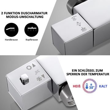 Synlyn Duschsystem mit Thermostat und verstellbarer Regenbrause, Duscharmatur Komplettset, Modernes quadratisches Design, 81-117,5cm in der Höhe verstellbar