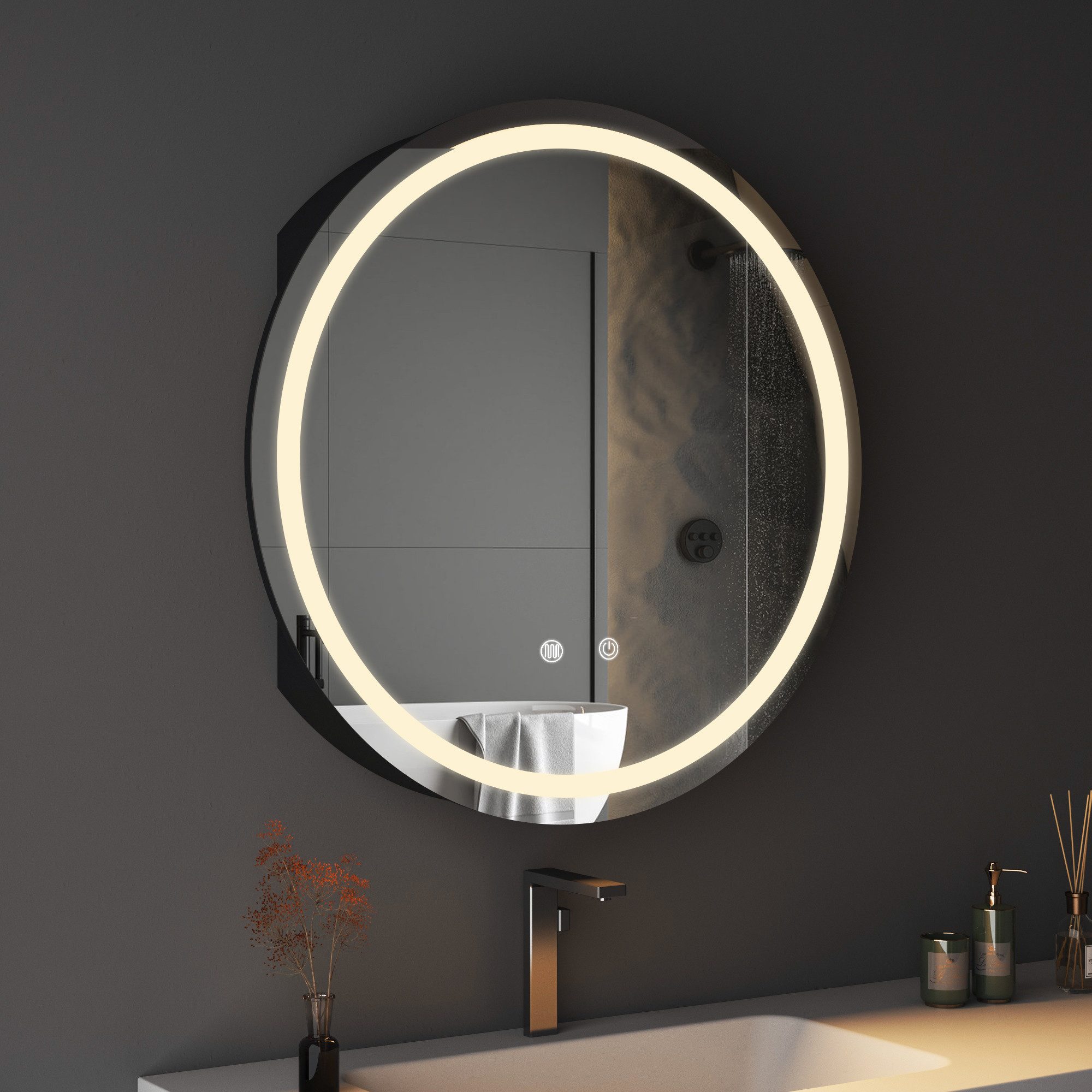 WDWRITTI Badspiegel Spiegelschrank 80x80 Badschrank Schwarz Rund mit Beleuchtung 3Licht (Badezimmerspiegelschrank Wandschrank Hängeschrank, Anti-fog, Dimmbar, Speicherfunktion, Touch), Alu-Schranktür, Stahlblechregale, mit Netzadapter, IP44