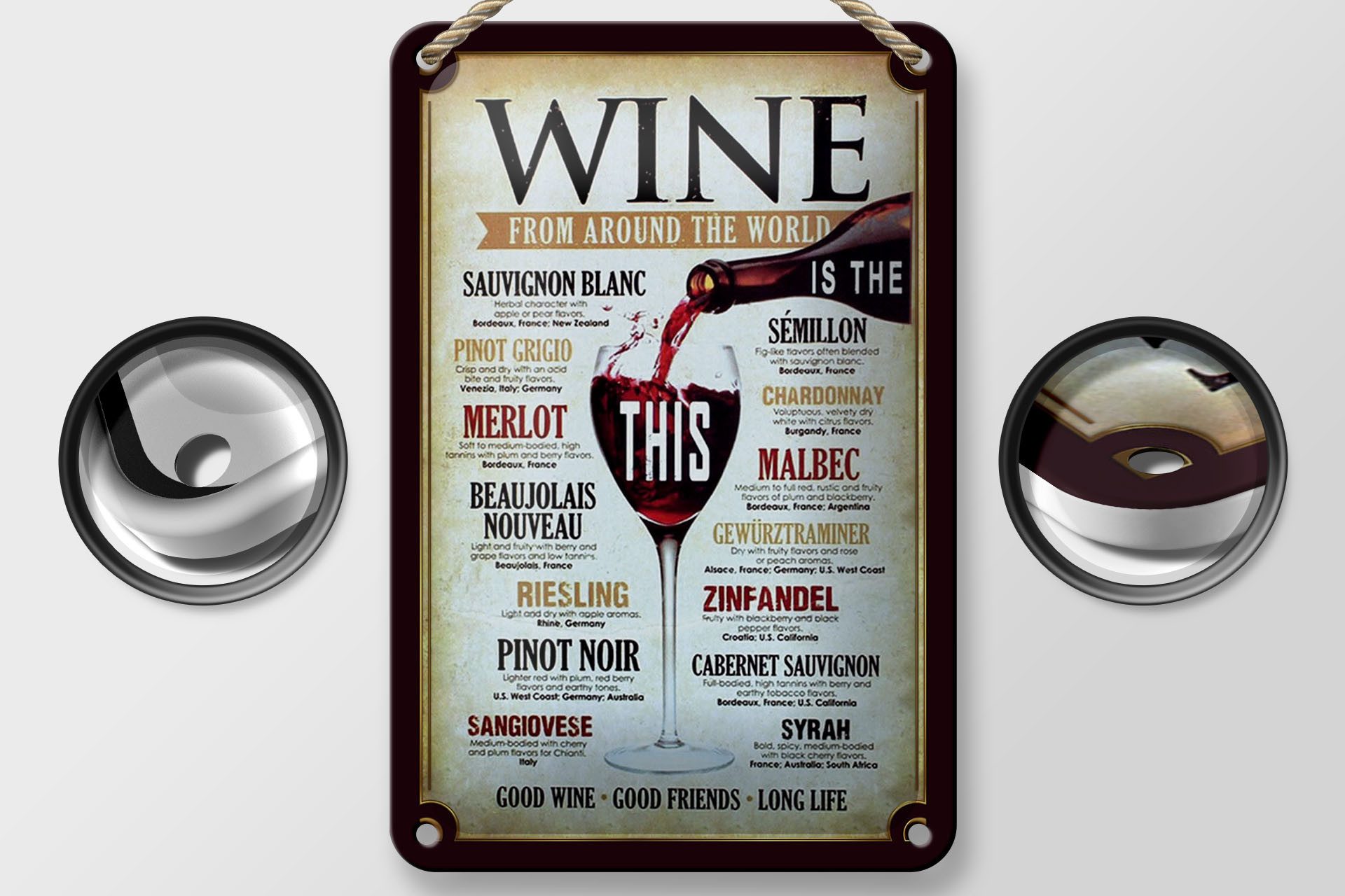 Femer GmbH Metallschild Alkohol 12x18 cm Wein Good wine goood friends long life, (1 St), gewölbte Oberfläche, abgerundete Ecken, umgeschlagene Kanten