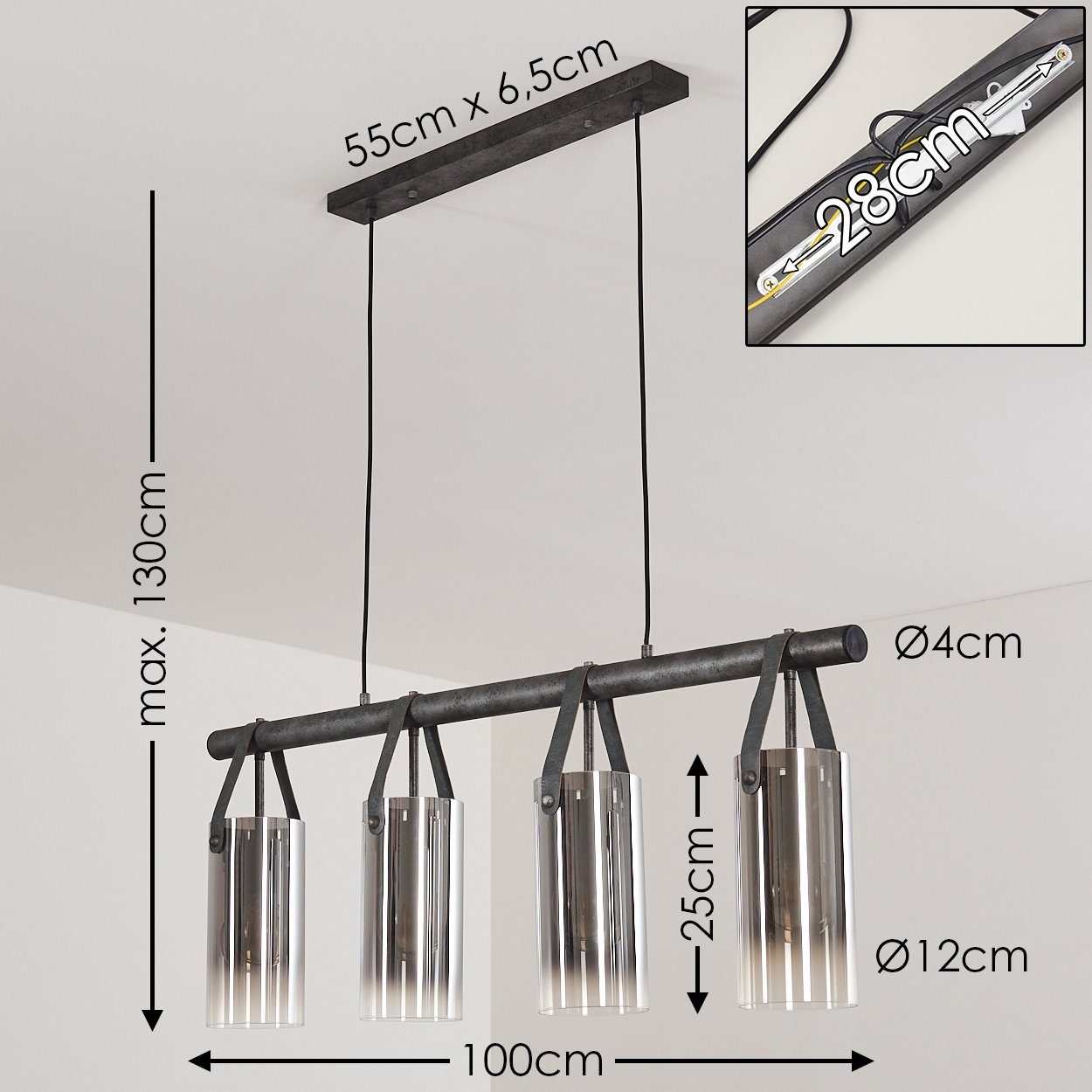 ohne Grau, hofstein max. in 130cm, Höhe im Pendelleuchte Hängelampe Metall/Leder/Glas Retro/Vintage-Desgin 4xE27, »Tino« aus Leuchtmittel,