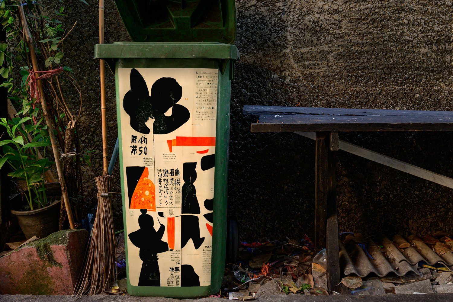 Vintage Abfalbehälter Vintage Sticker, Japanisch - St), - MuchoWow Mülleimer-aufkleber, Container, (1 - Mülltonne, - Wandsticker Rot Schwarz
