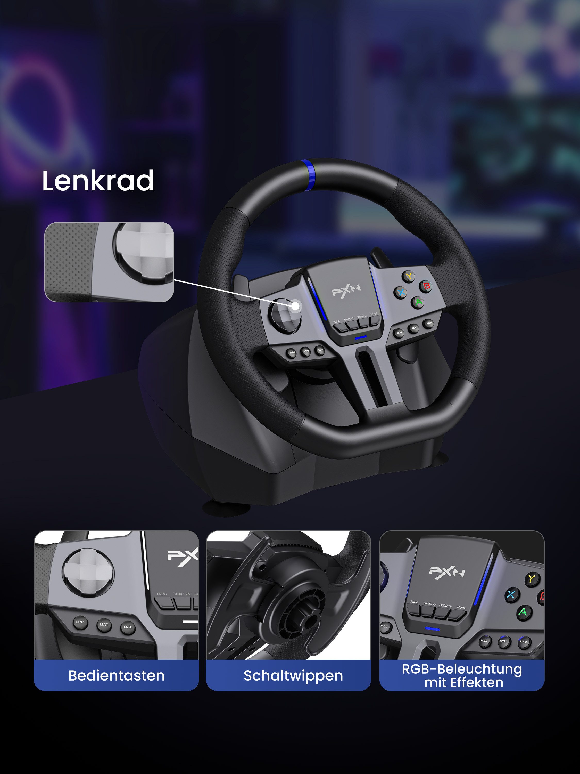 PXN V9 GEN2 Sim-Rennlenkrad 270°/900° für PC, Xbox und PS4 Gaming-Lenkrad (Hall-Pedale, H-Schaltung & RGB-Beleuchtung)