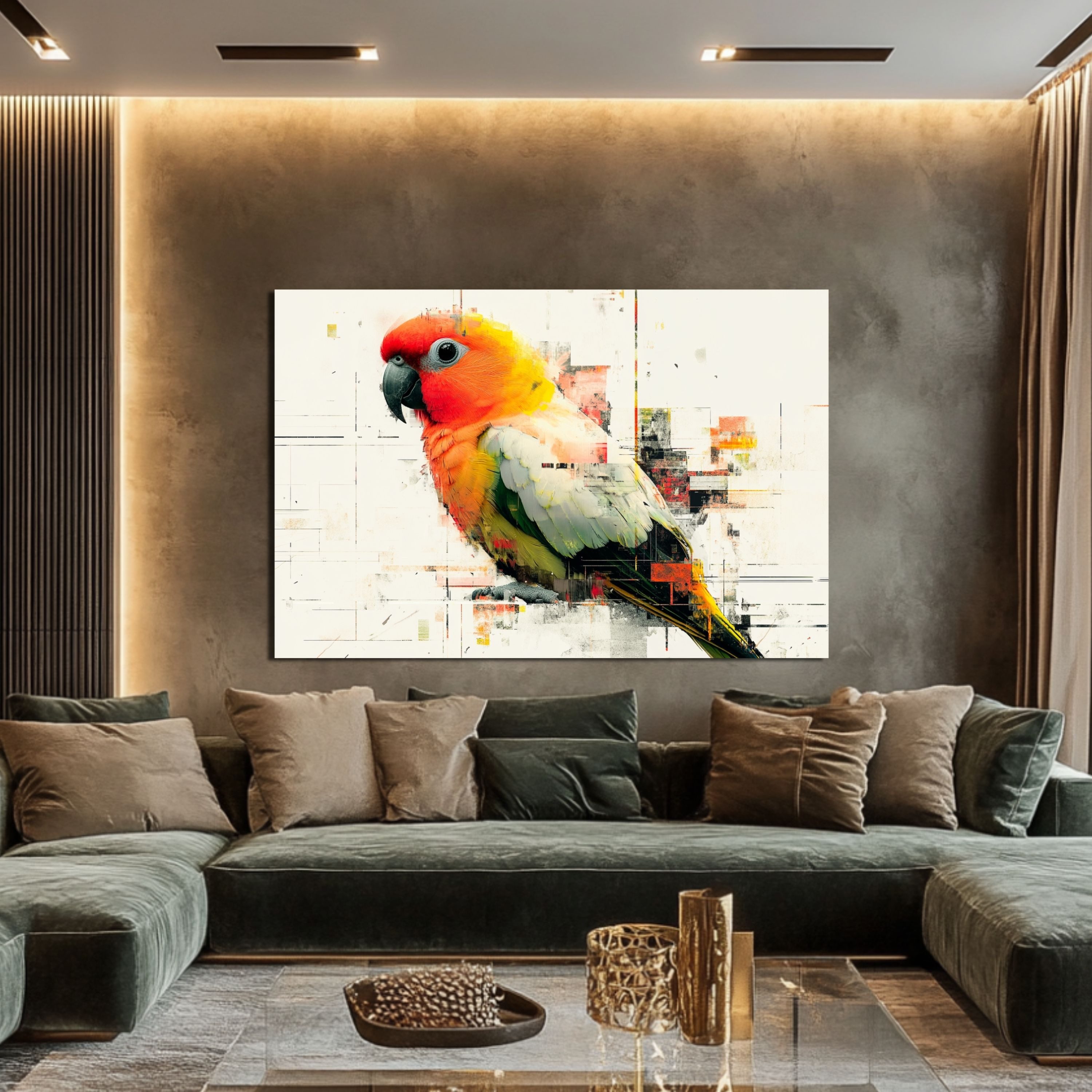 DARO Design Leinwandbild Modern Abstrakt Wandbilder XXL Wandbild Wand Deko Leinwand Bilder, (Papagei Warhol Glitch - Bild groß Wohnzimmer Schlafzimmer Küche Esszimmer Einteilig Querformat Fotodruck Leinwände Wanddeko Abstrakte Kunst Boho), 30x20cm