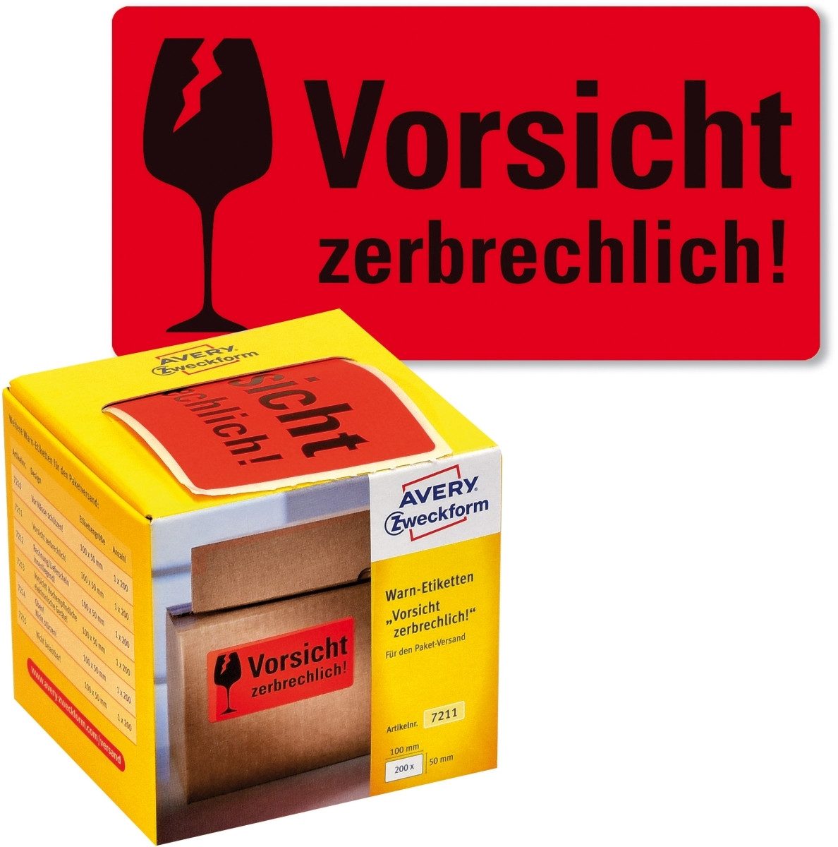 Avery Zweckform Etiketten Warnetiketten Vorsicht zerbrechlich! 100x50mm neon rot VE=200 Stück