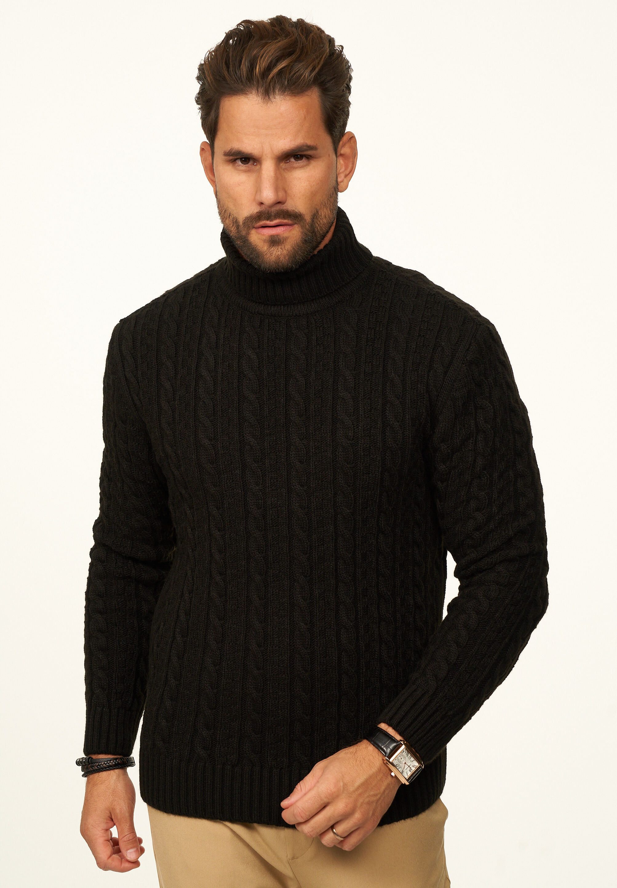 DAILY COTTON Rollkragenpullover als Grobstrick Pulli mit Zopfmuster für Herren Strickpullover für Männer - Winterpullover im Regular-Fit