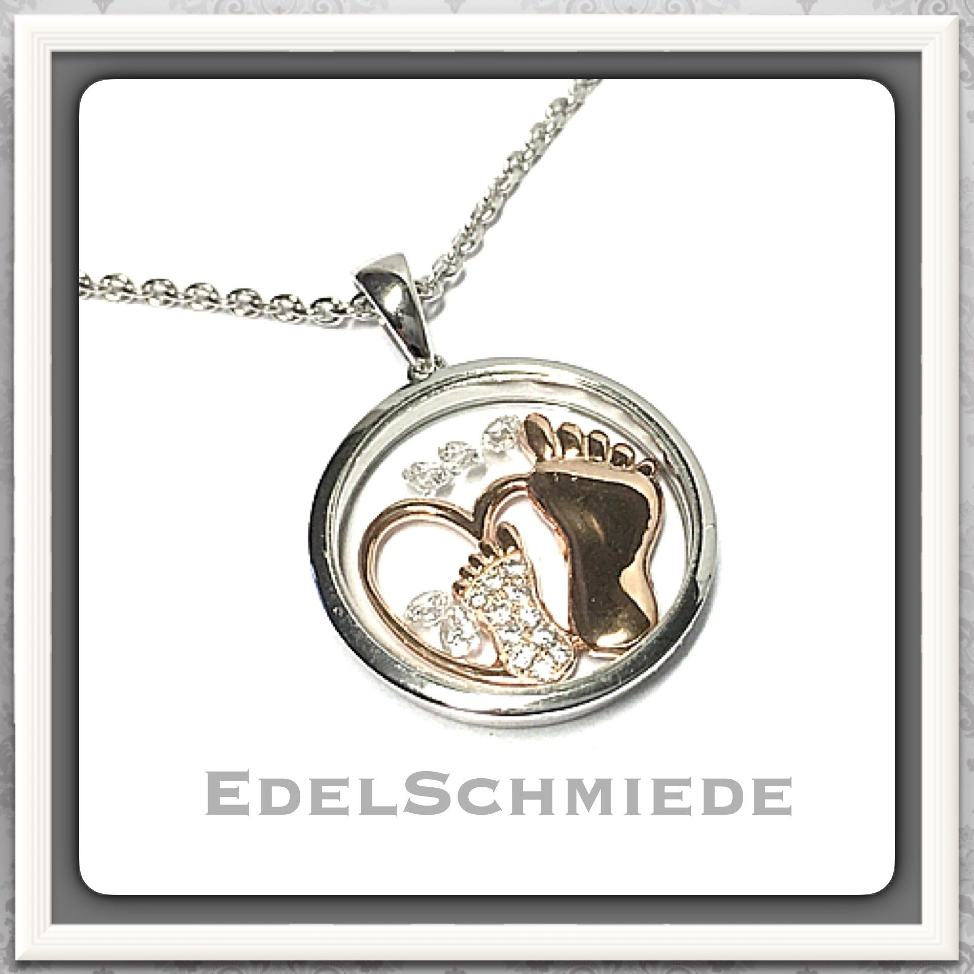 Kettenanhänger Edelschmiede925 Babyfüße unter Glas in 925 Silber bicolor mit Zirk
