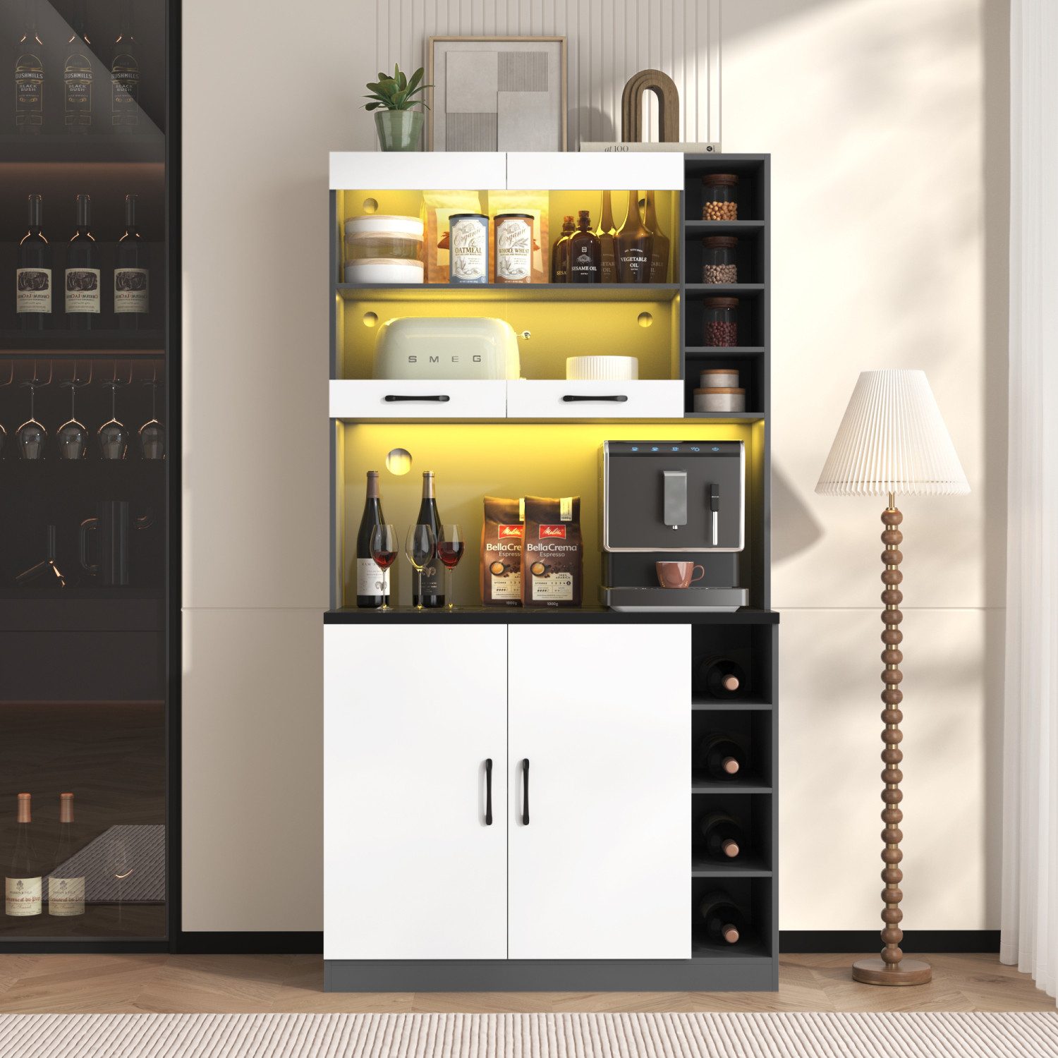 Flieks Küchenbuffet Hochschrank mit LED-Beleuchtung und Glastüren (100x47x187 cm, 1-St., höhenverstellbare seitliche Ablagefächer) Küchenschrank mit Arbeitsplatte Mehrzweckschrank Highboard