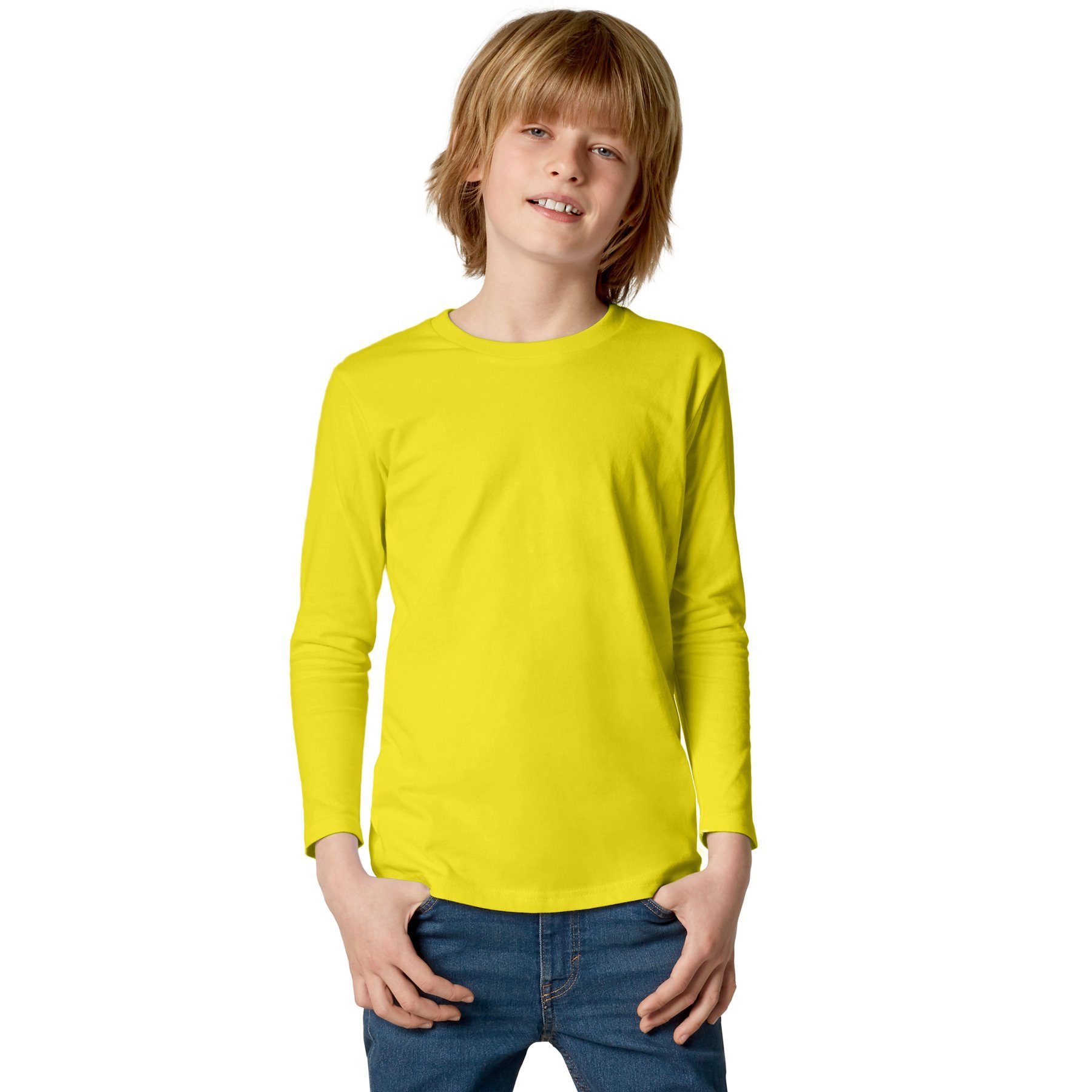 dressforfun Longsleeve Langarmtop, Für viele Outfits & Auftritte, Rundhals mit (Freizeitoberteil, Konfektionsgröße 116 (5-7 Jahre) in gelb) Einfarbiges Langarm-Shirt für Kinder, Fester Stoff, hoher Tragekomfort