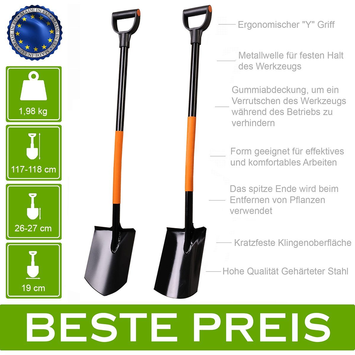 Roysson Garden Spaten Professioneller Set Spaten Gerade Scharf Gärtnerspaten Rund Solid