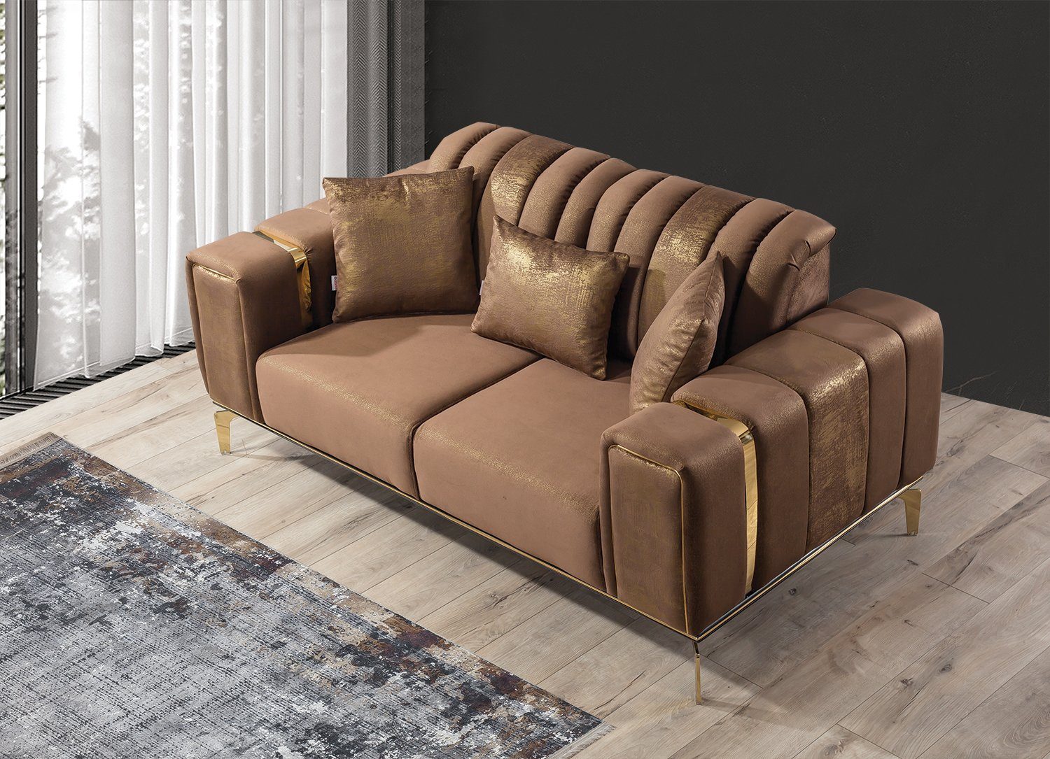 in Mikrofaser Villa Turkey, Samtstoff Möbel Quality Eden, Braun-Gold 3-Sitzer, Made Stk. Sofa 1