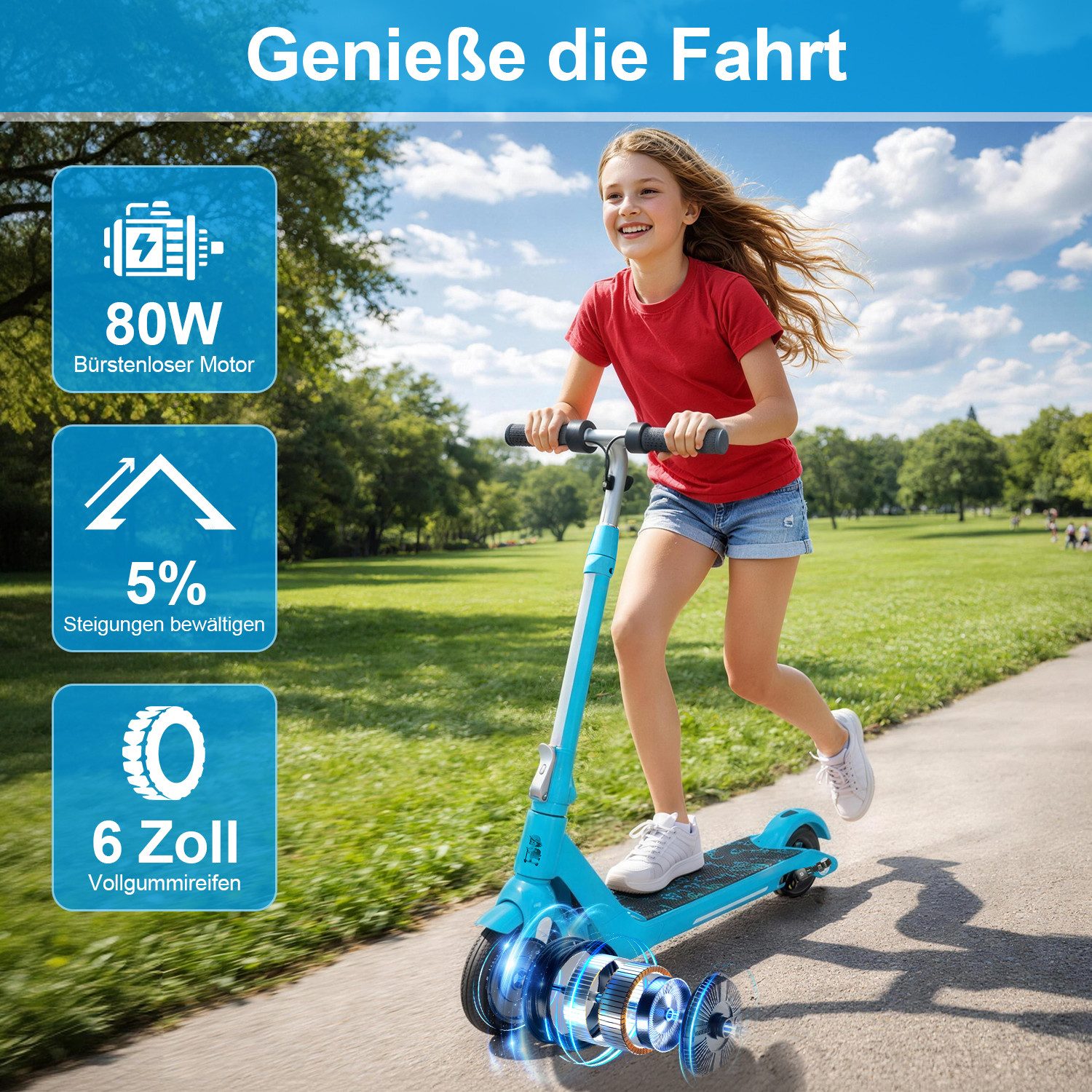 ANYSUN Elektro-Kinderroller Elektroroller für Kinder 6-12 Faltbarer E-Scooter Dual-Bremssystem, Belastbarkeit 50 kg, 6/10/15 km/h, 5-8km, LED-Beleuchtung, Leichtgewicht, Höhenverstellbar