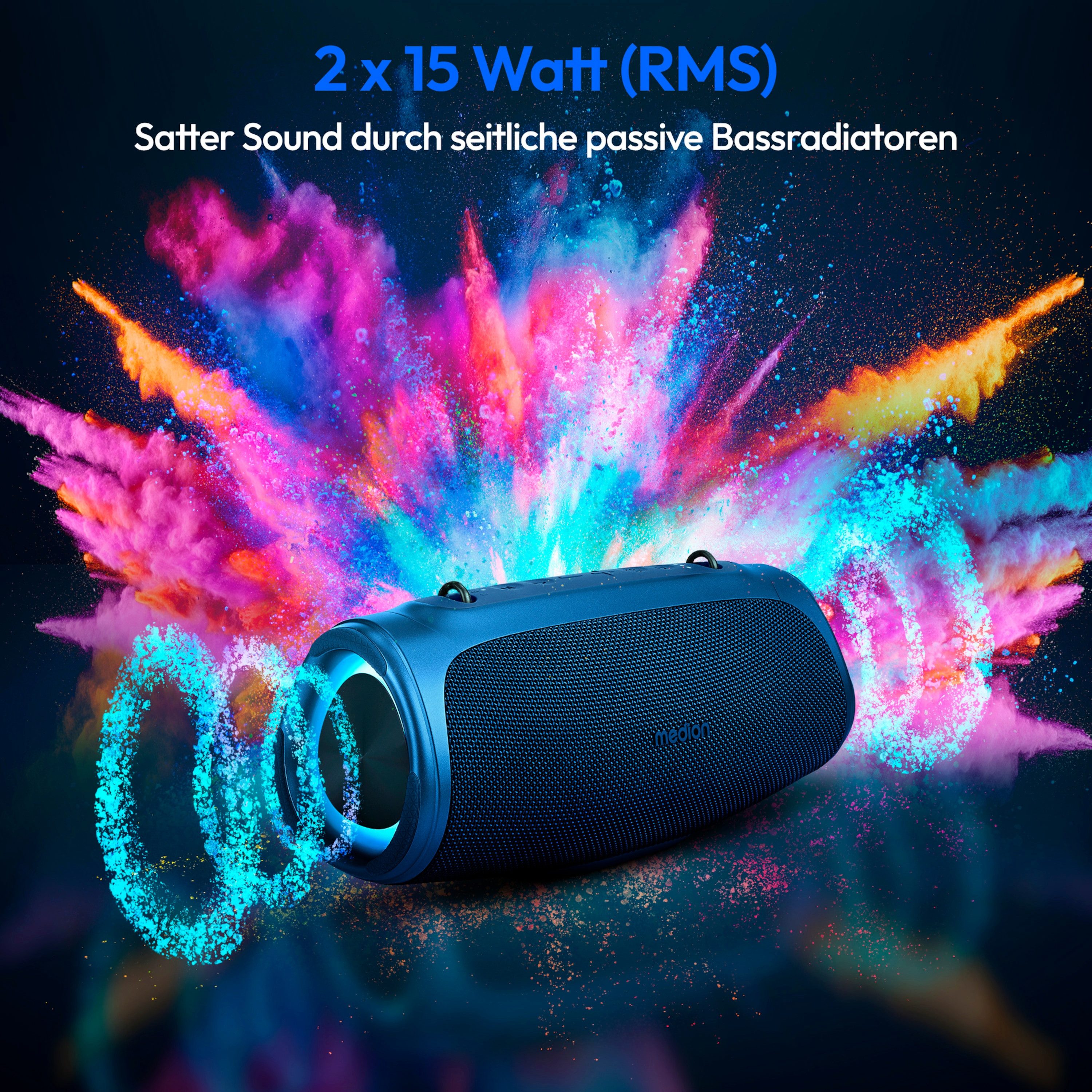 Medion® LIFE® P61746 (MD43746) M Bluetooth-Lautsprecher (A2DP Bluetooth, AVRCP Bluetooth, Bluetooth, 30 W, tragbar, Akku, Bass Boost, Musikbox, RGB, IPX7, Powerbank, Blau)