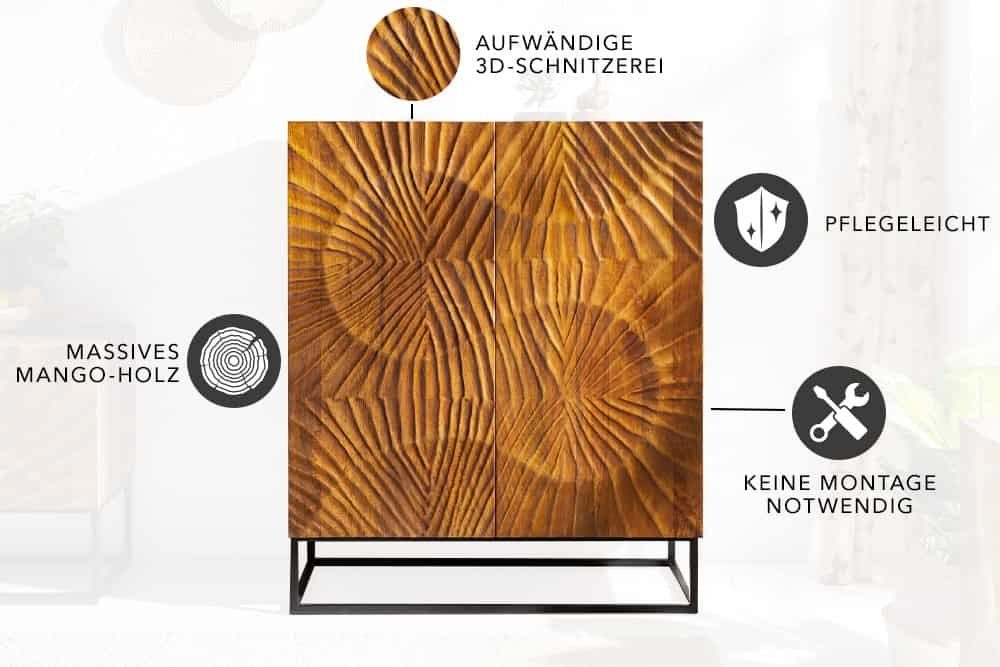 riess-ambiente Highboard SCORPION 120cm braun / schwarz · Hochschrank aus Mango-Massivholz (Einzelartikel, 1 St), Metall-Gestell · 3D Schnitzereien · 2 Türen ·  – Bild 5 von 5