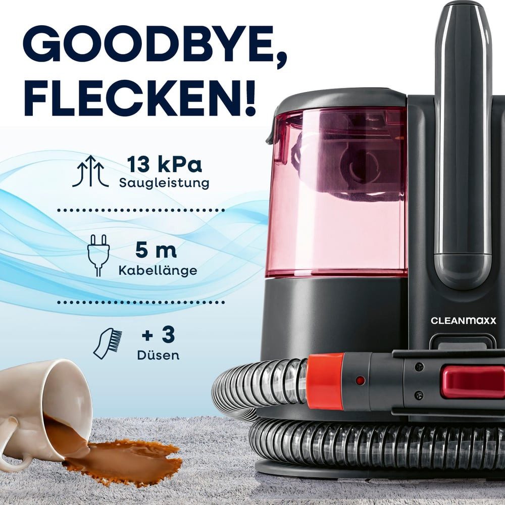 CLEANmaxx Teppichreinigungsgerät Polster- & Teppichreiniger 600W grau/rot, 600 W, mit Frisch- & Brauchwassertank und Shampoo