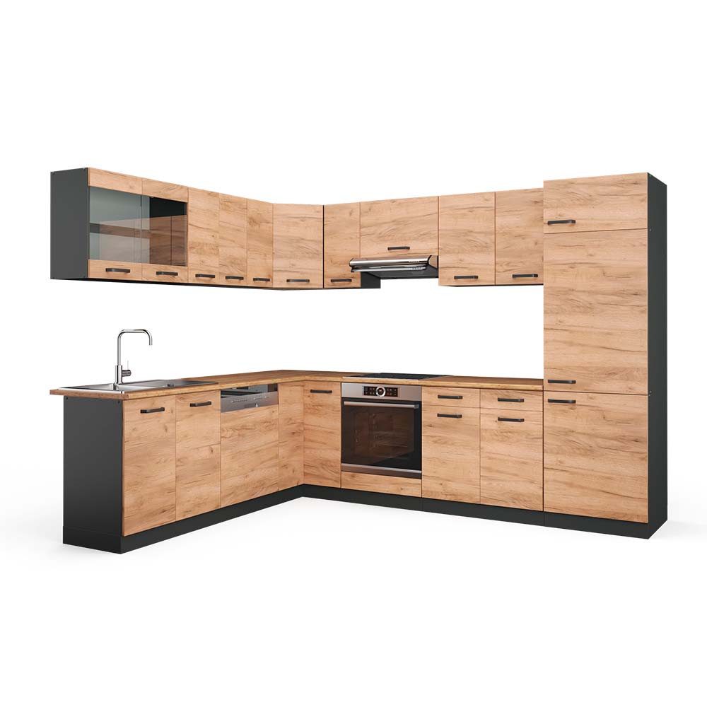 Vicco Winkelküche R-Line, Schwarz Hochglanz/Goldkraft Eiche, günstig online kaufen