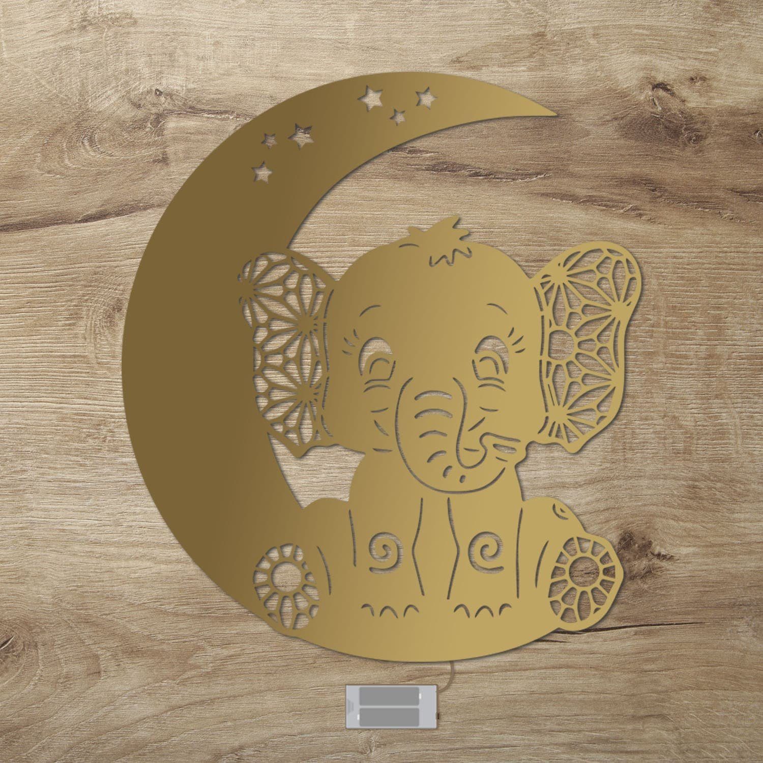 Leuchte Gold LED Nachtlicht Elefanten Motiv Mond auf Wanddekoobjekt Kinderzimmer LED Zugschalter, integriert, Elefant Schlaflicht Ohne - Namofactur Warmweiß, für Kleinkinder, batteriebetrieben mit fest