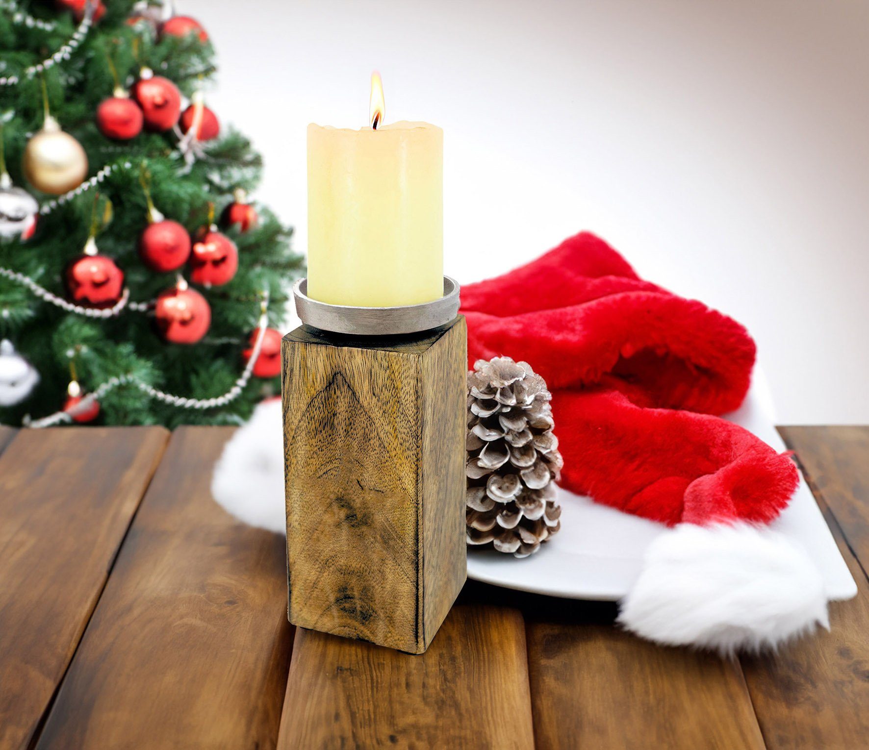 Kerzen Holz 20 Kerzenständer Stumpen klein / Leuchter Mango Halter cm, mit - Alu Kerzenständer Spetebo