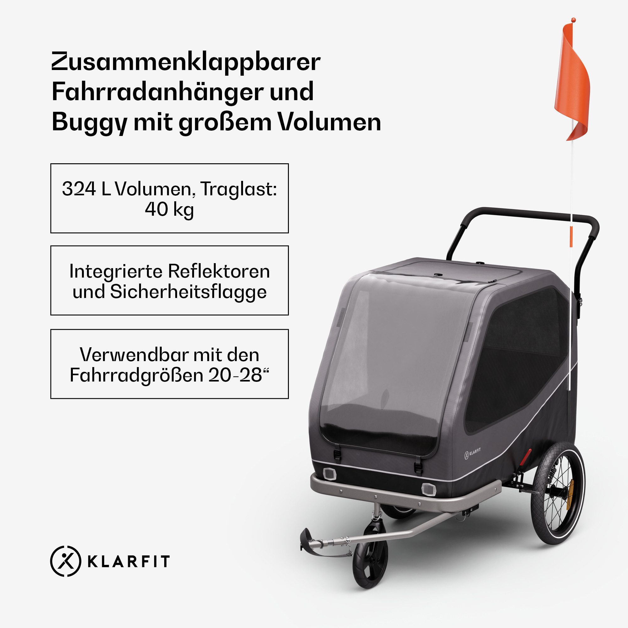 KLARFIT Fahrradkinderanhänger Goldie Buggy Fahrradanhänger 324 L, Fahrradanhänger Wetterfest Hund klappbar Stahl 20-28"