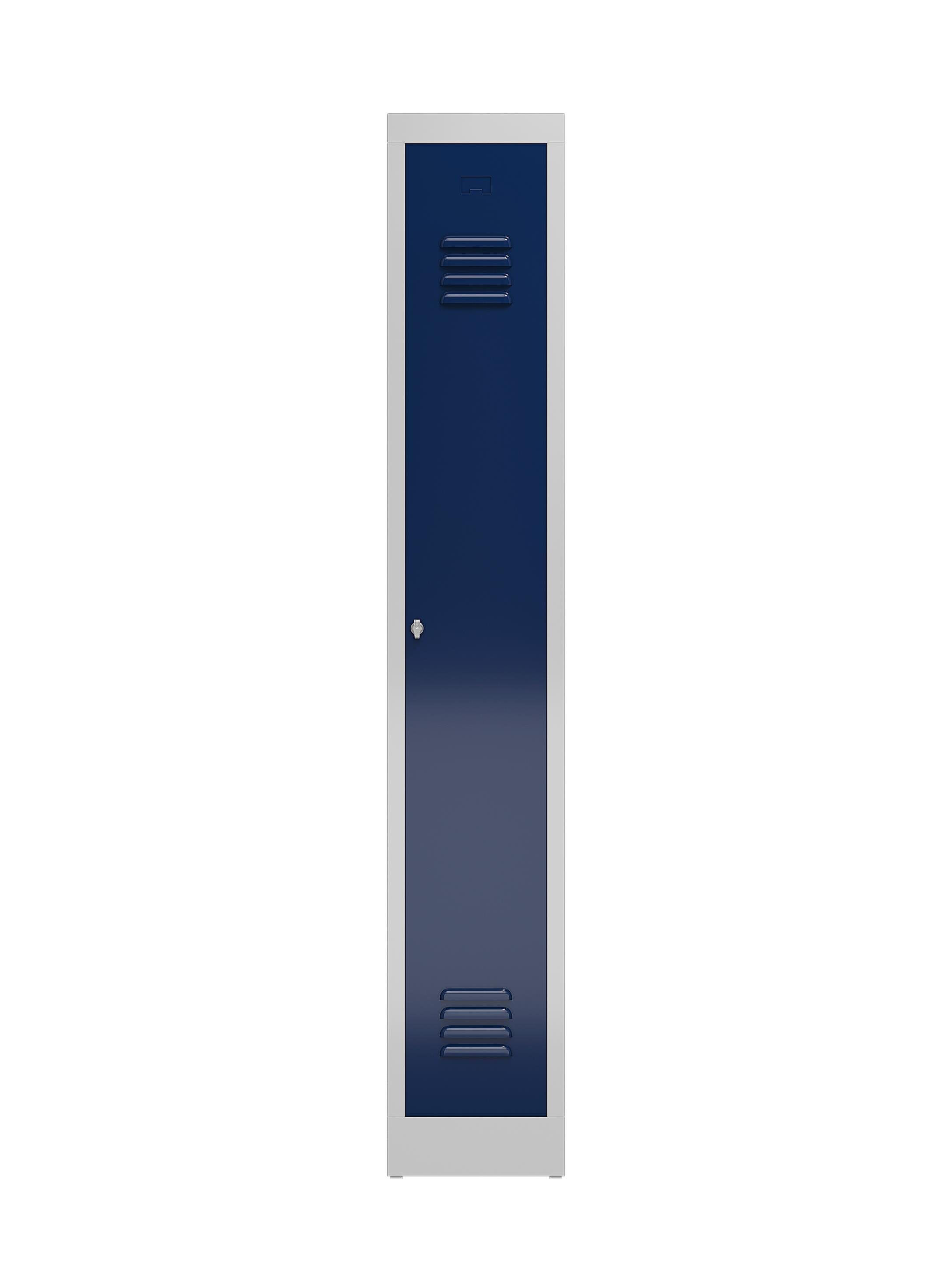 Steelboxx Spind ClassiX Garderobenschrank, 1 Abteil, 1800 x 310 x 500 mm (1-St) Komplett verschweißt und montiert, keine Montage erforderlich Korpus: RAL 7035 Lichtgrau/ Tür: RAL 5010 enzianblau | Lichtgrau